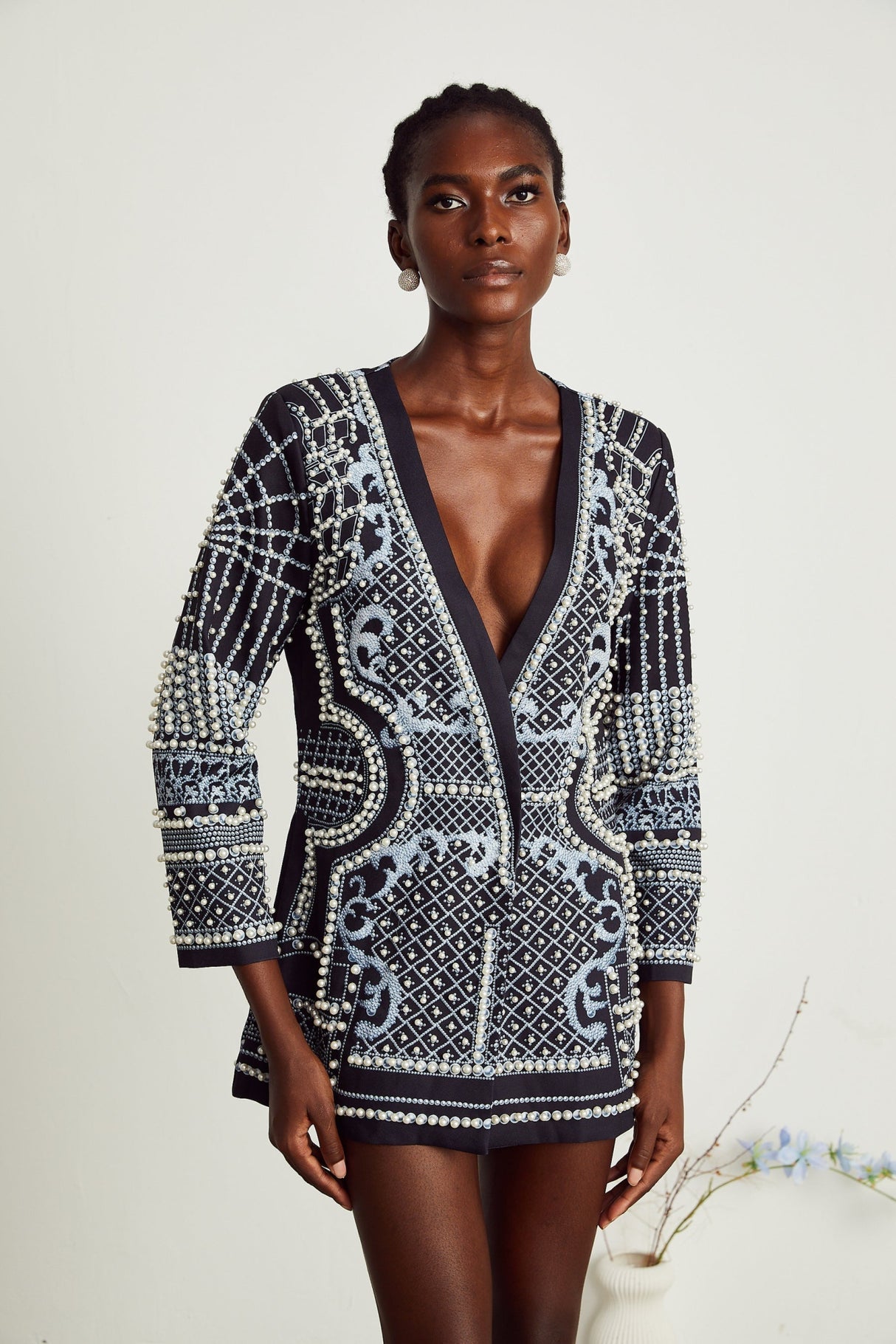 Laney Blazer Black & White Pattern VNeck Dress