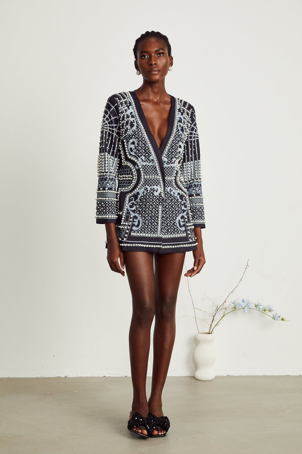 Laney Blazer Black & White Pattern VNeck Dress