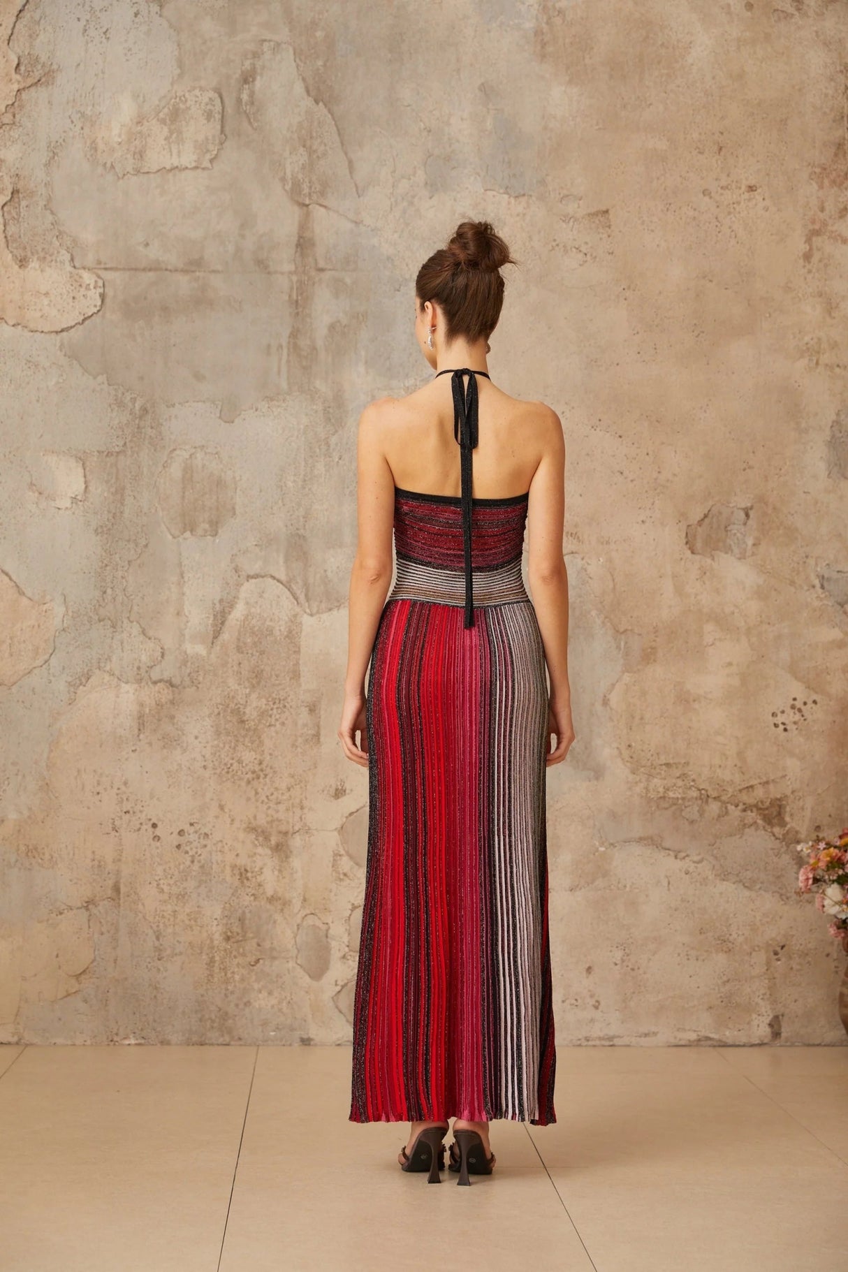 Laney Maxi Dress Red Metallic Knit Halter - neck Glitter Detailing