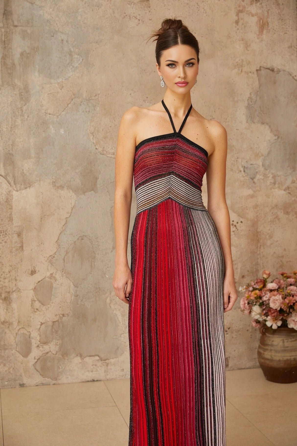 Laney Maxi Dress Red Metallic Knit Halter - neck Glitter Detailing