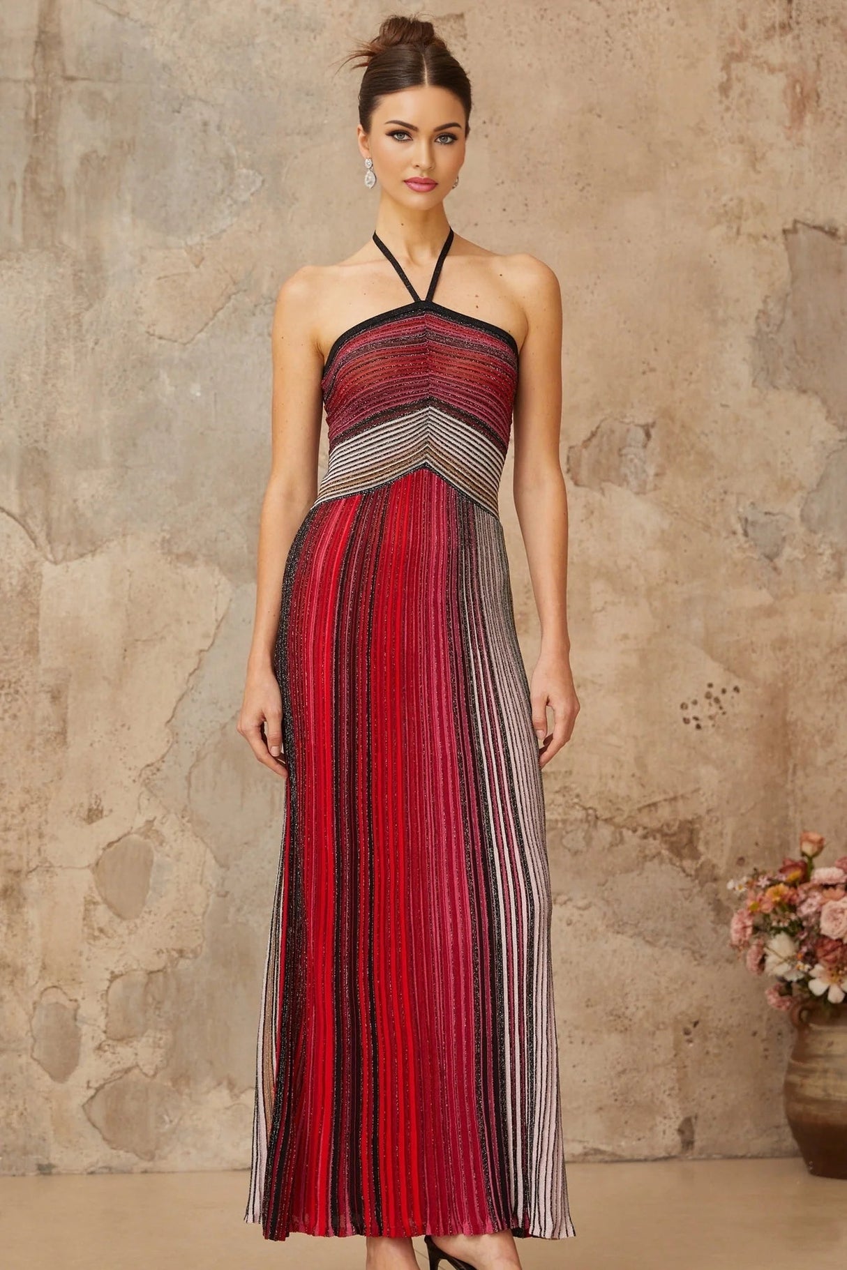 Laney Maxi Dress Red Metallic Knit Halter - neck Glitter Detailing