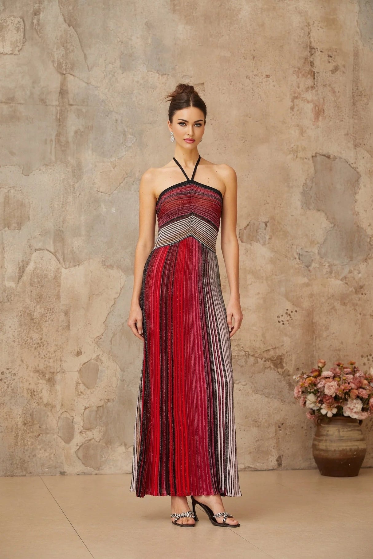 Laney Maxi Dress Red Metallic Knit Halter - neck Glitter Detailing