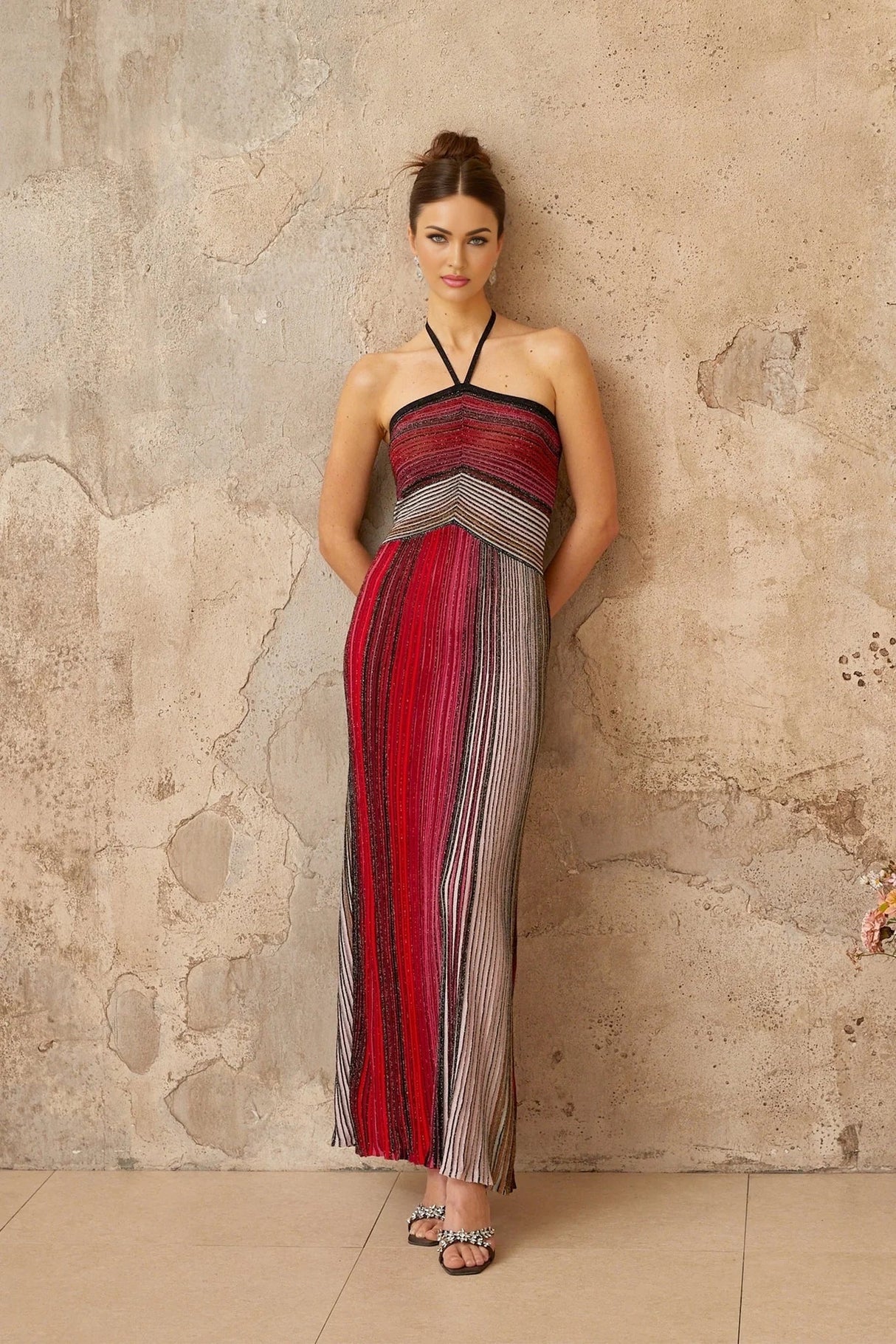 Laney Maxi Dress Red Metallic Knit Halter - neck Glitter Detailing