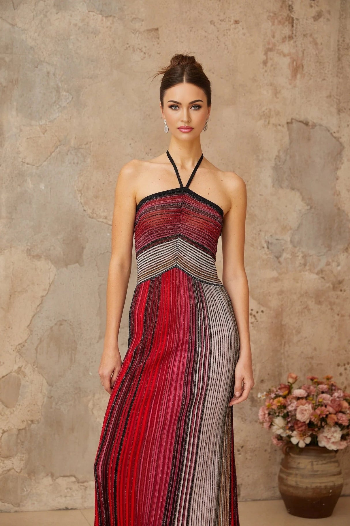 Laney Maxi Dress Red Metallic Knit Halter - neck Glitter Detailing