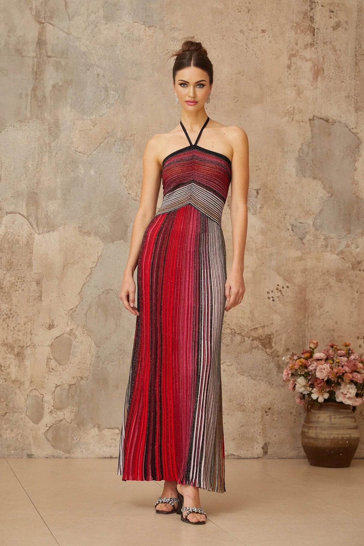 Laney Maxi Dress Red Metallic Knit Halter - neck Glitter Detailing