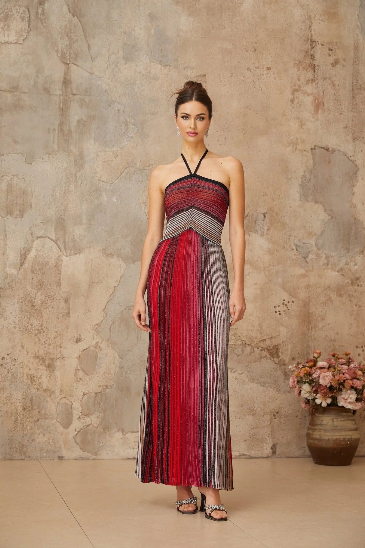 Laney Maxi Dress Red Metallic Knit Halter - neck Glitter Detailing
