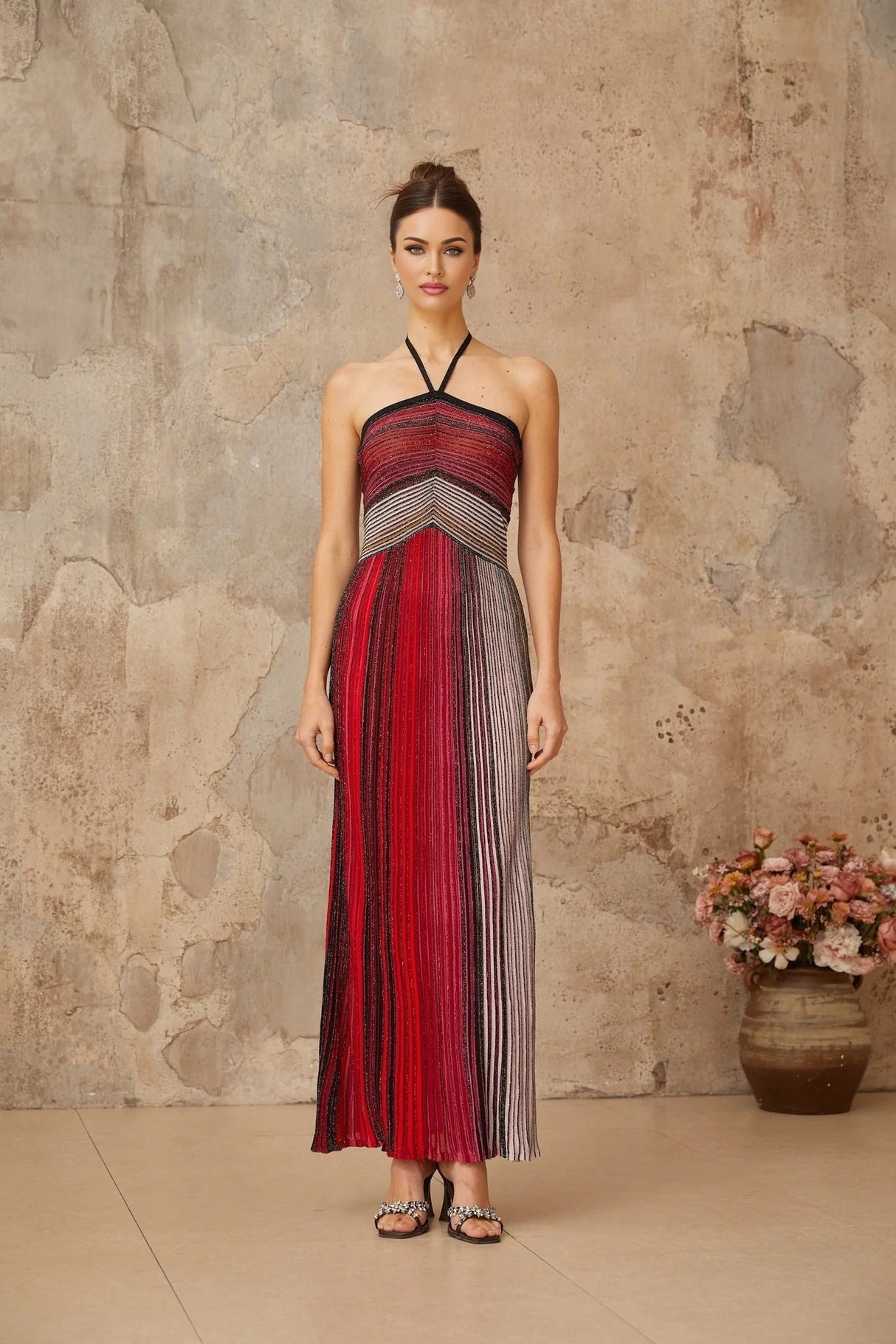 Laney Maxi Dress Red Metallic Knit Halter - neck Glitter Detailing