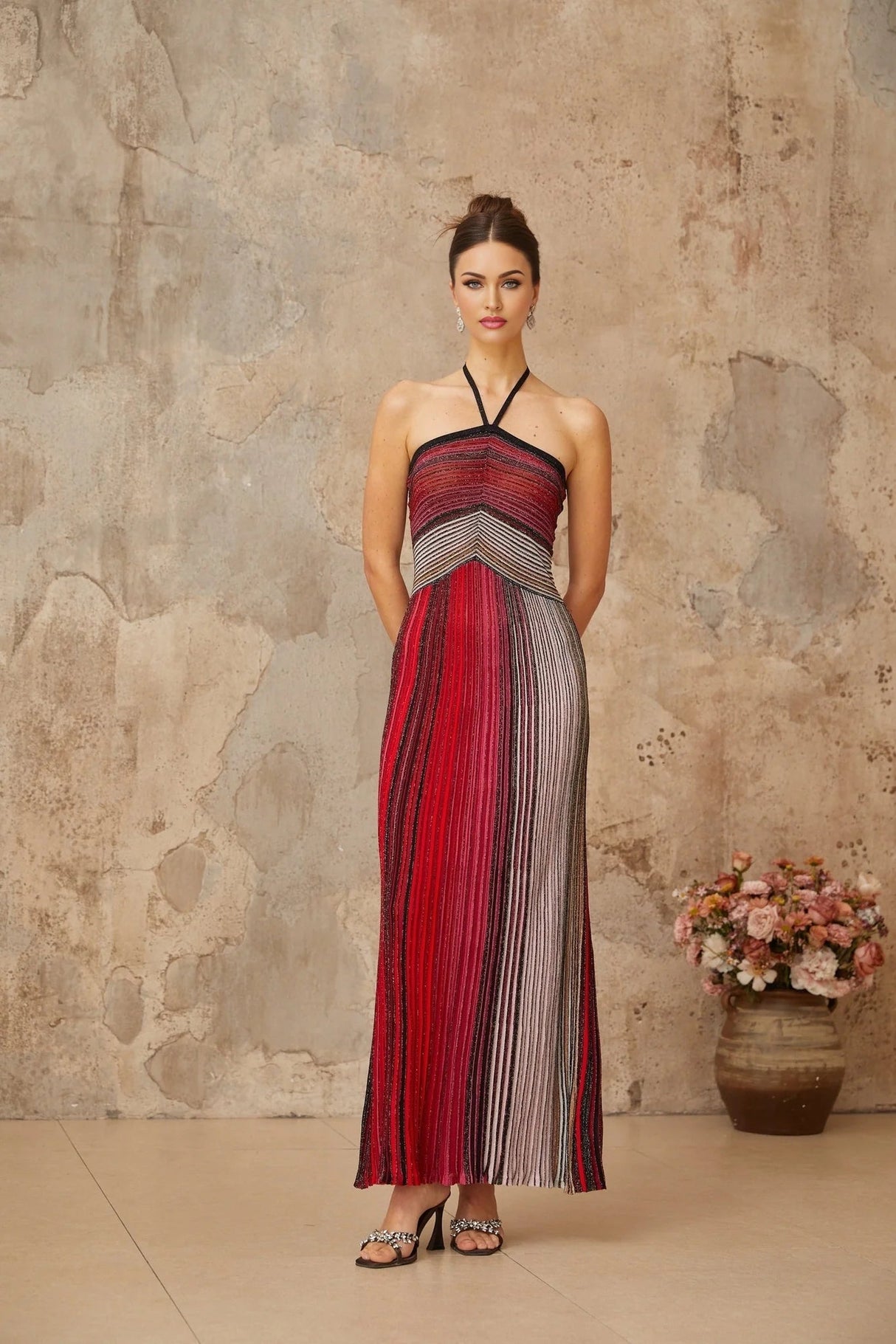 Laney Maxi Dress Red Metallic Knit Halter - neck Glitter Detailing