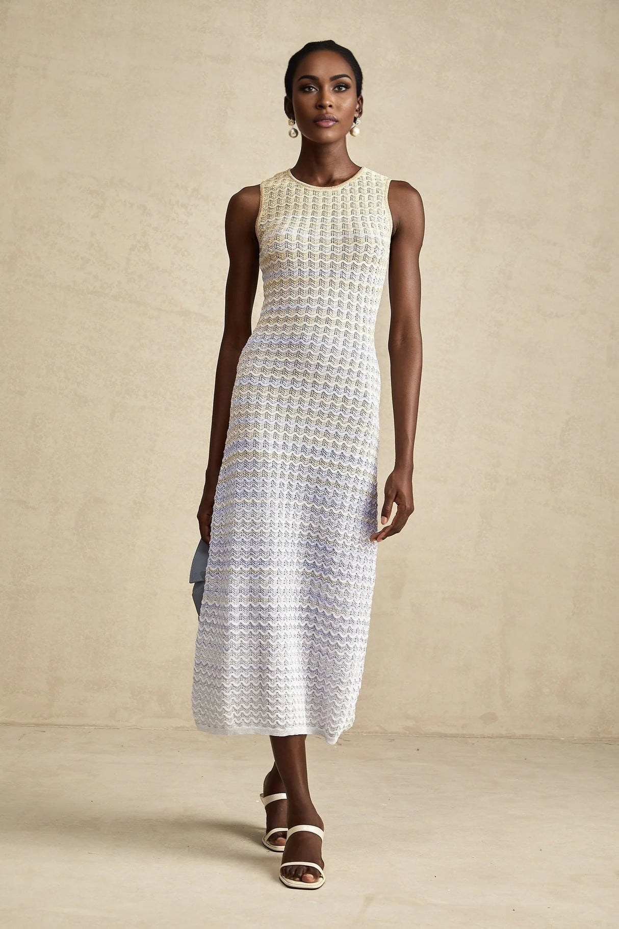 Laney Midi Dress Neutrals & Blue Ribbed Knit Texture