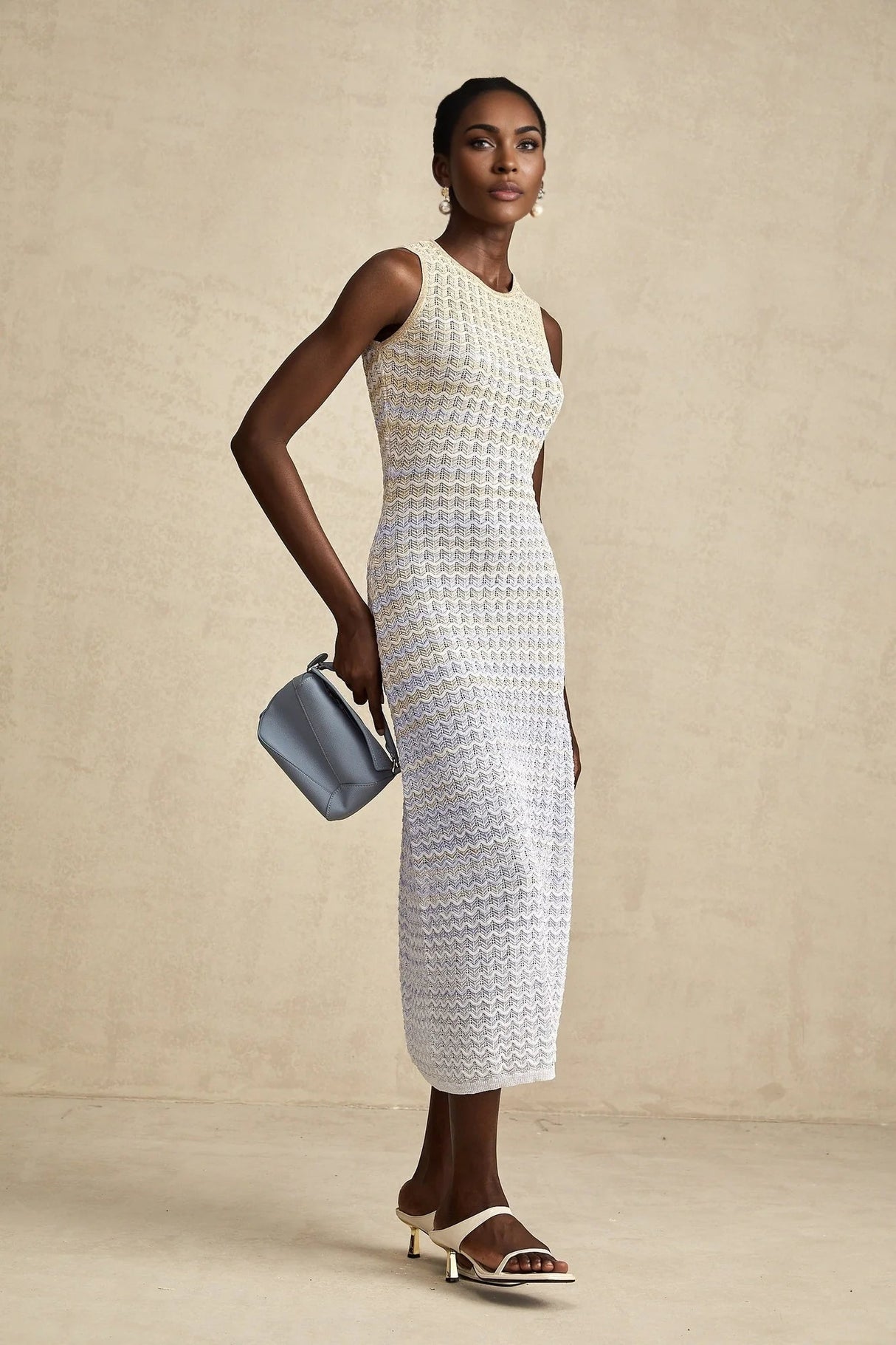 Laney Midi Dress Neutrals & Blue Ribbed Knit Texture