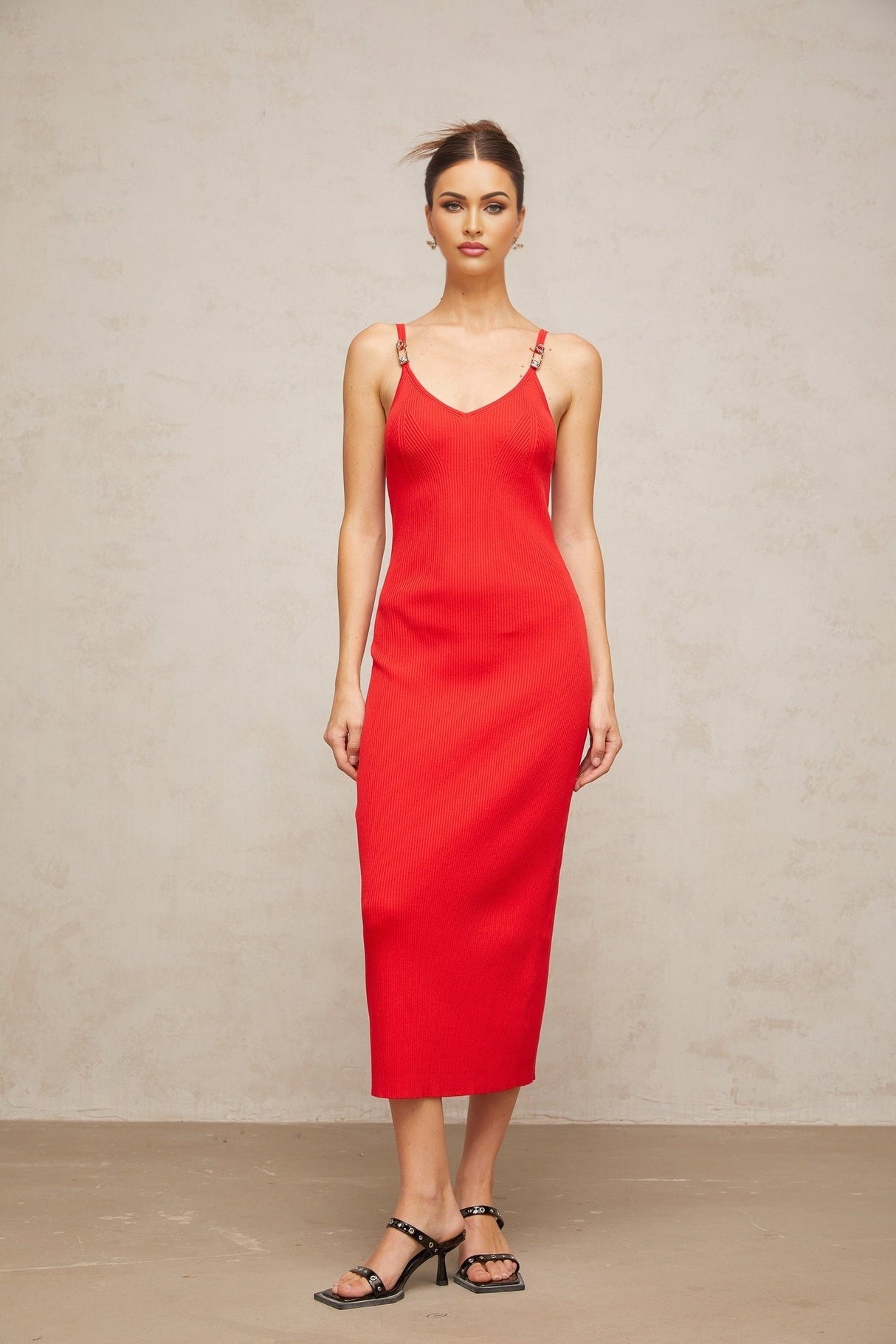 Laney Midi Dress Red Knit Pin Detail Calf Length