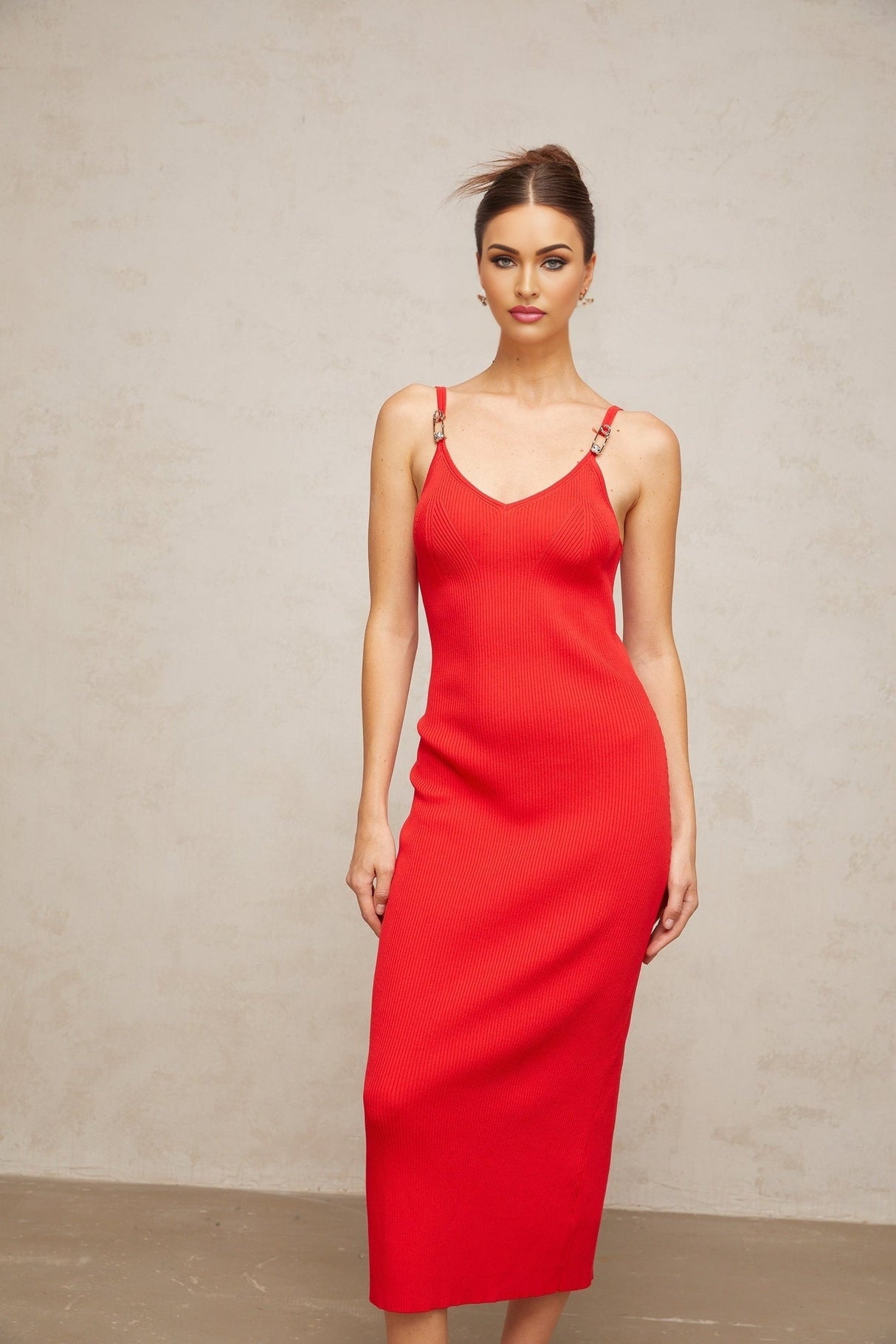 Laney Midi Dress Red Knit Pin Detail Calf Length