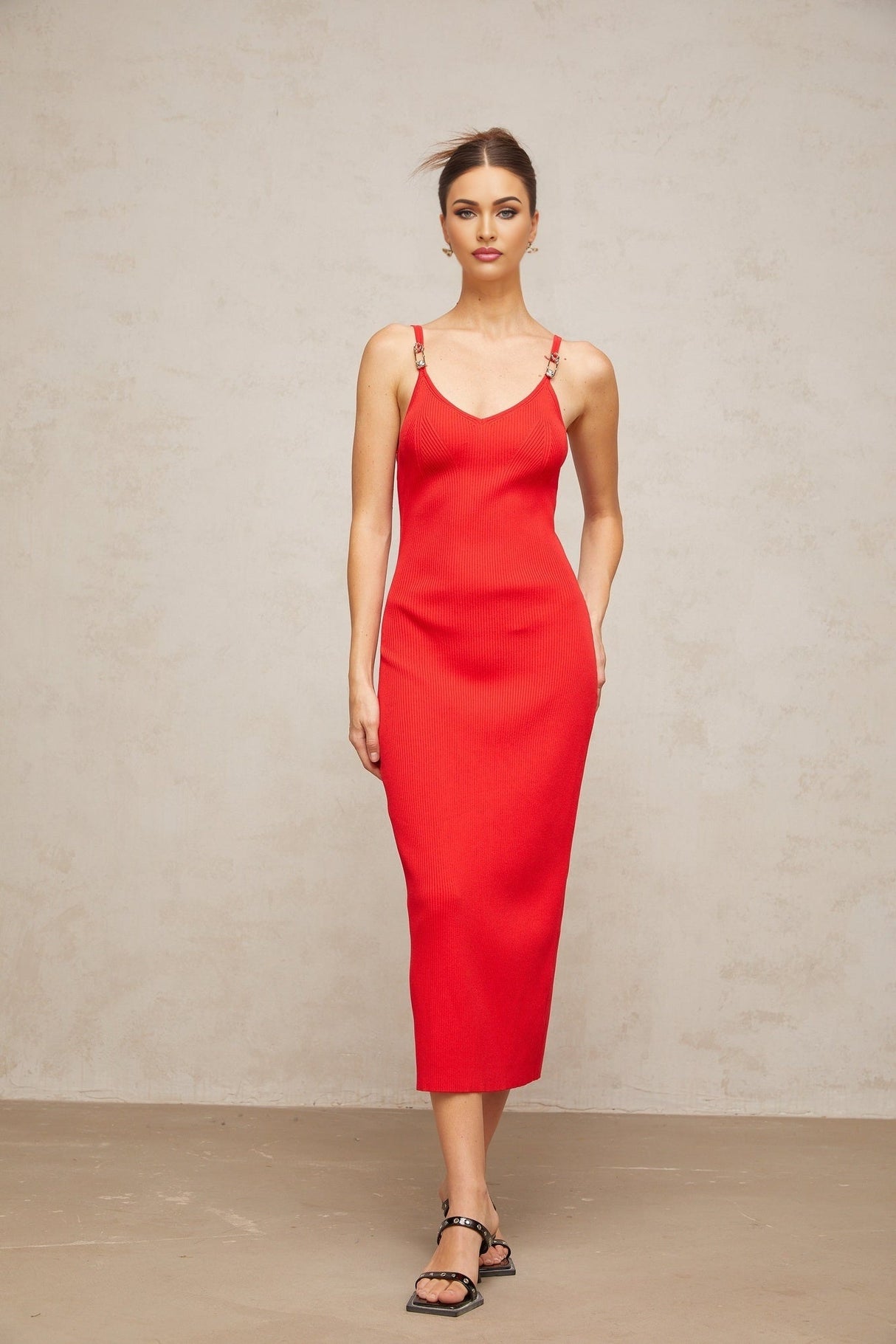 Laney Midi Dress Red Knit Pin Detail Calf Length