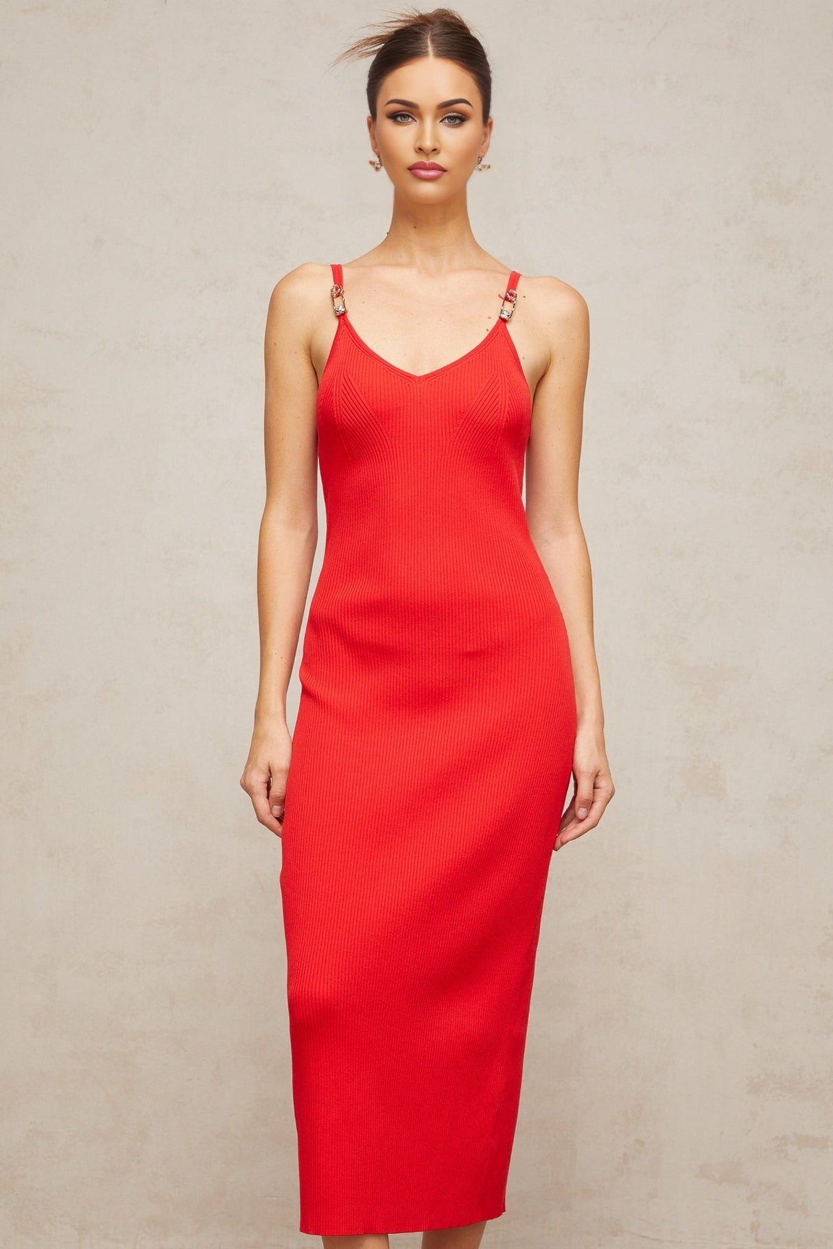 Laney Midi Dress Red Knit Pin Detail Calf Length