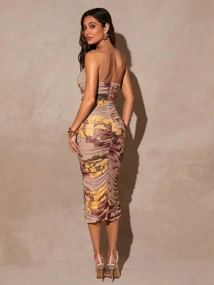 Laney Midi Dress - Strapless Neckline - Bodycon Fit - Elegant Style - Backless Ruched Split