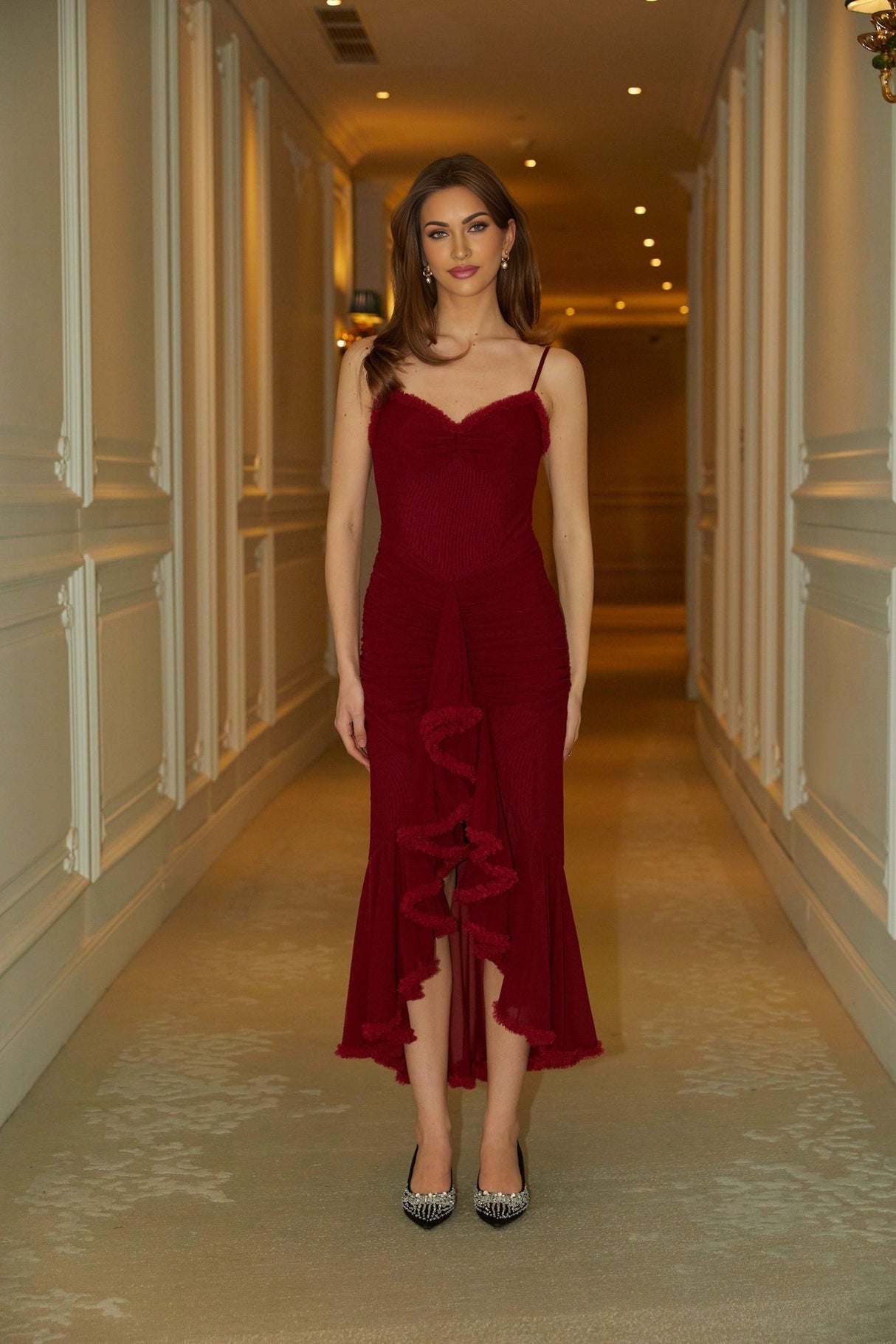 Laura Bold Red Maxi Dress with Sweetheart Neck and Front Slit