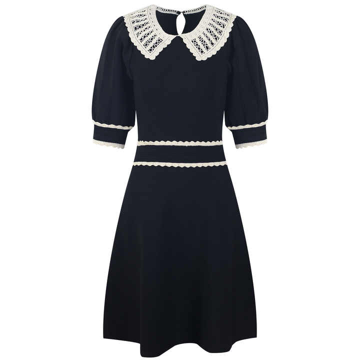 Laura Dress - A - Line Silhouette - Vintage - Inspired Lace Collar - Structured Fit - Puffed Sleeves