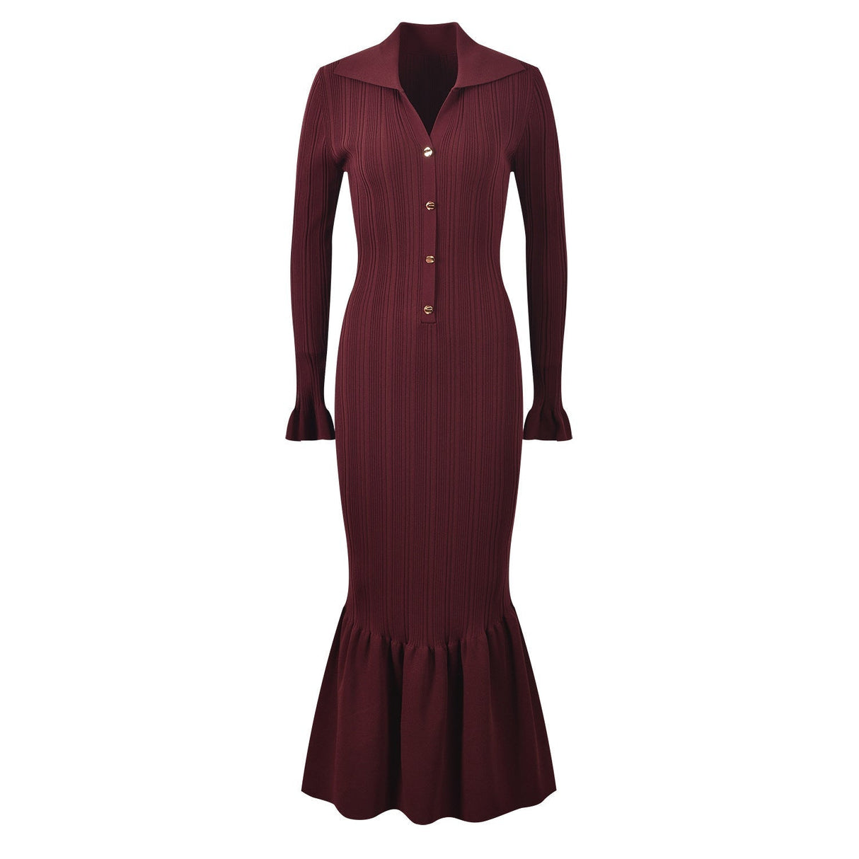 Laura Dress - Fitted Silhouette With Flare - Elegant Ribbed Design - Button Details - Tailored Fit With Flared Sleeves