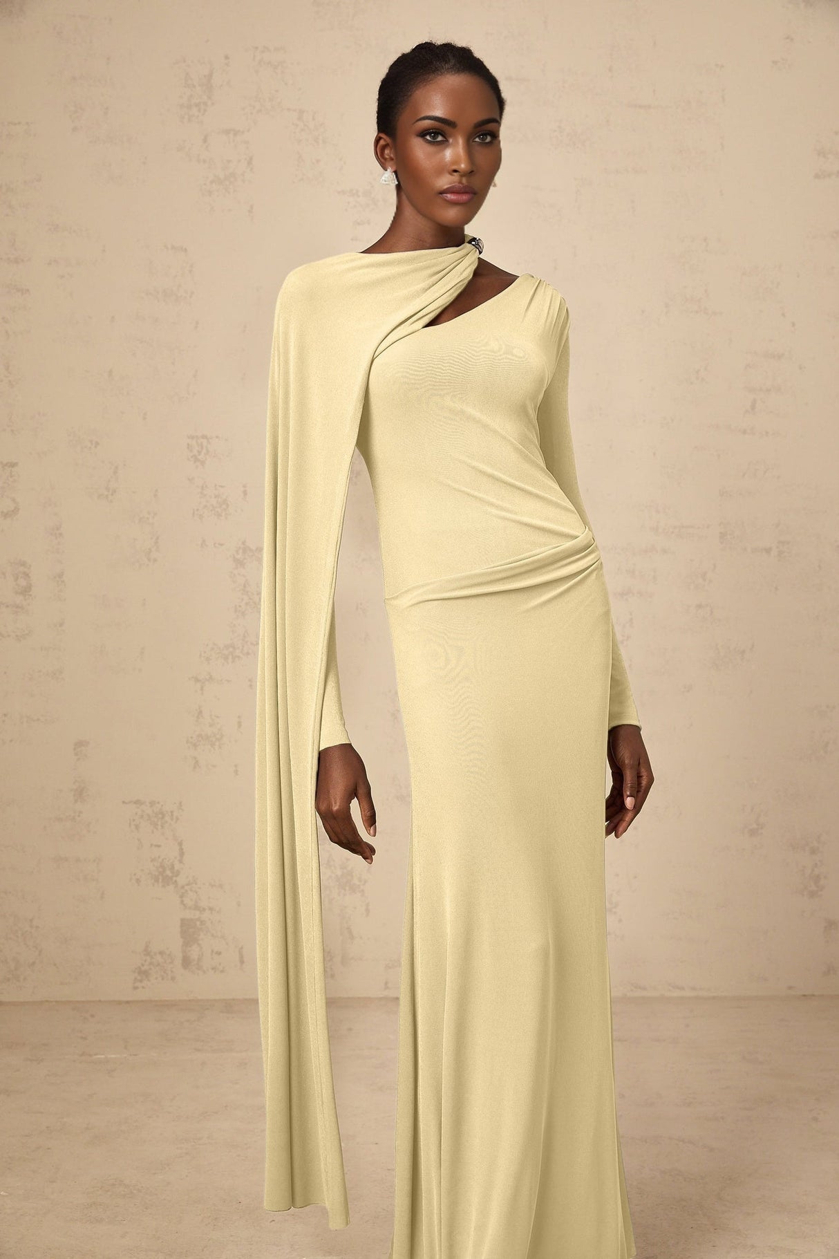 Laura Maxi Dress - Diagonal Shawl Draped Long Sleeves Silver Hardware Ruched Fitted Silhouette Zip Fastening Maxi Length