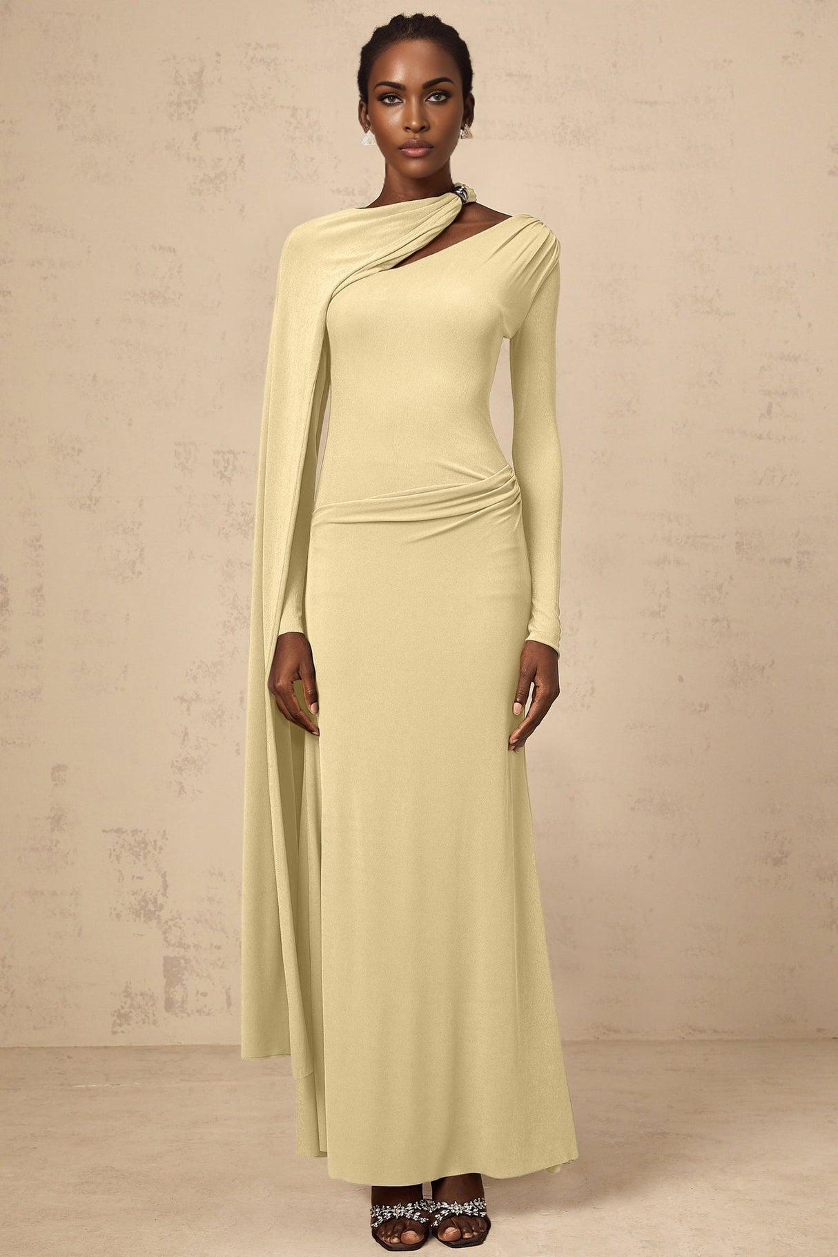 Laura Maxi Dress - Diagonal Shawl Draped Long Sleeves Silver Hardware Ruched Fitted Silhouette Zip Fastening Maxi Length