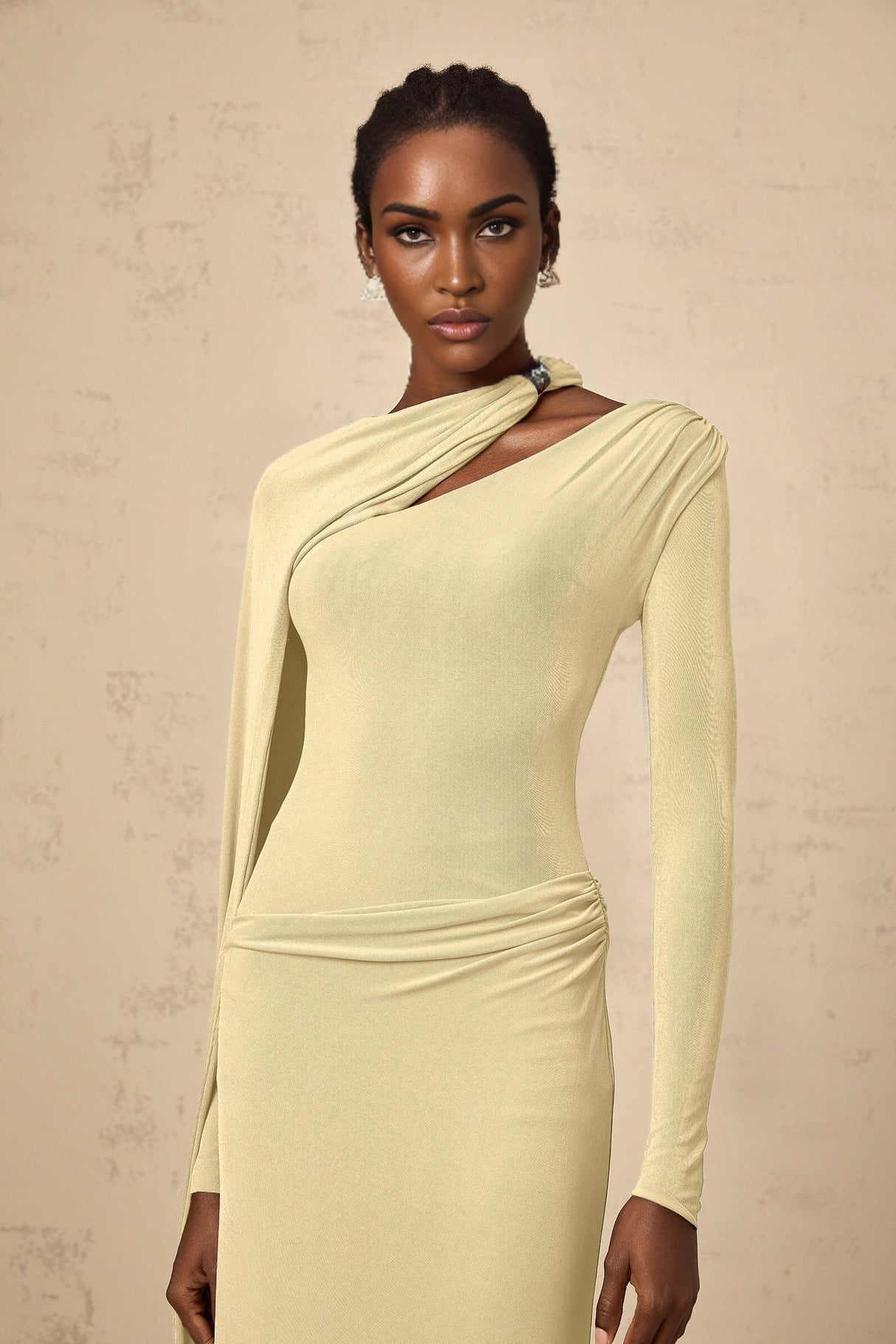 Laura Maxi Dress - Diagonal Shawl Draped Long Sleeves Silver Hardware Ruched Fitted Silhouette Zip Fastening Maxi Length