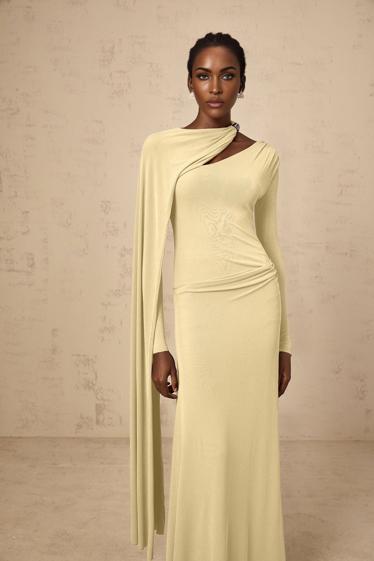 Laura Maxi Dress - Diagonal Shawl Draped Long Sleeves Silver Hardware Ruched Fitted Silhouette Zip Fastening Maxi Length