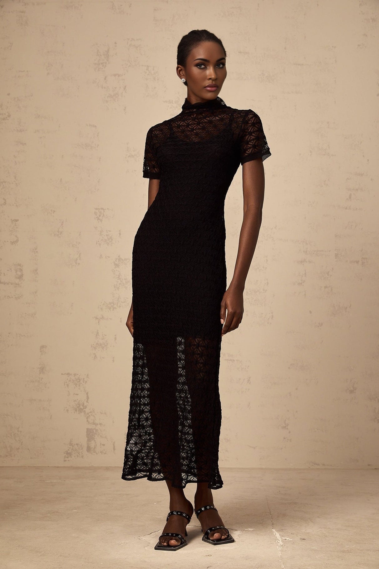 Laura Midi Dress Black Crochet Knit Semi Sheer flare & Slip On Style