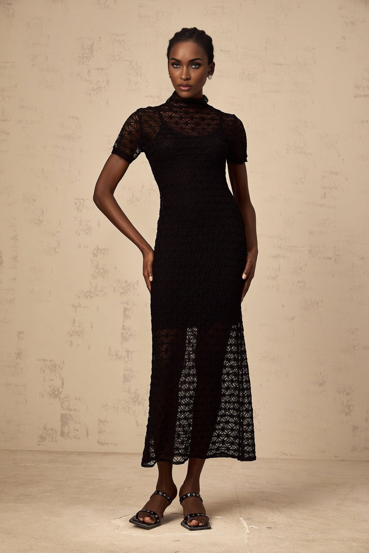 Laura Midi Dress Black Crochet Knit Semi Sheer flare & Slip On Style