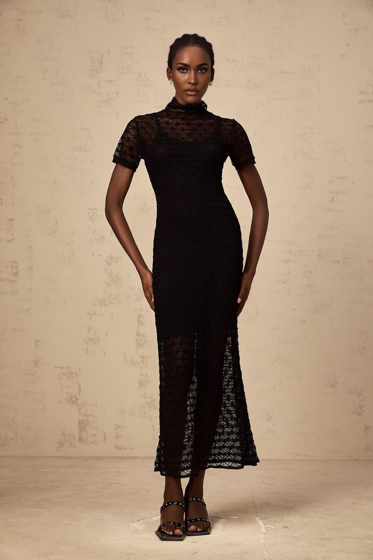 Laura Midi Dress Black Crochet Knit Semi Sheer flare & Slip On Style
