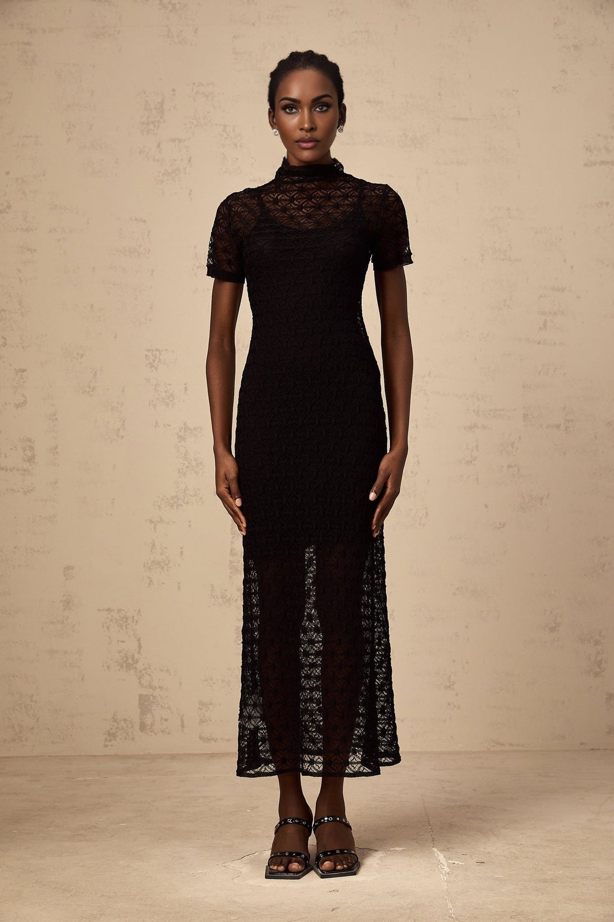 Laura Midi Dress Black Crochet Knit Semi Sheer flare & Slip On Style