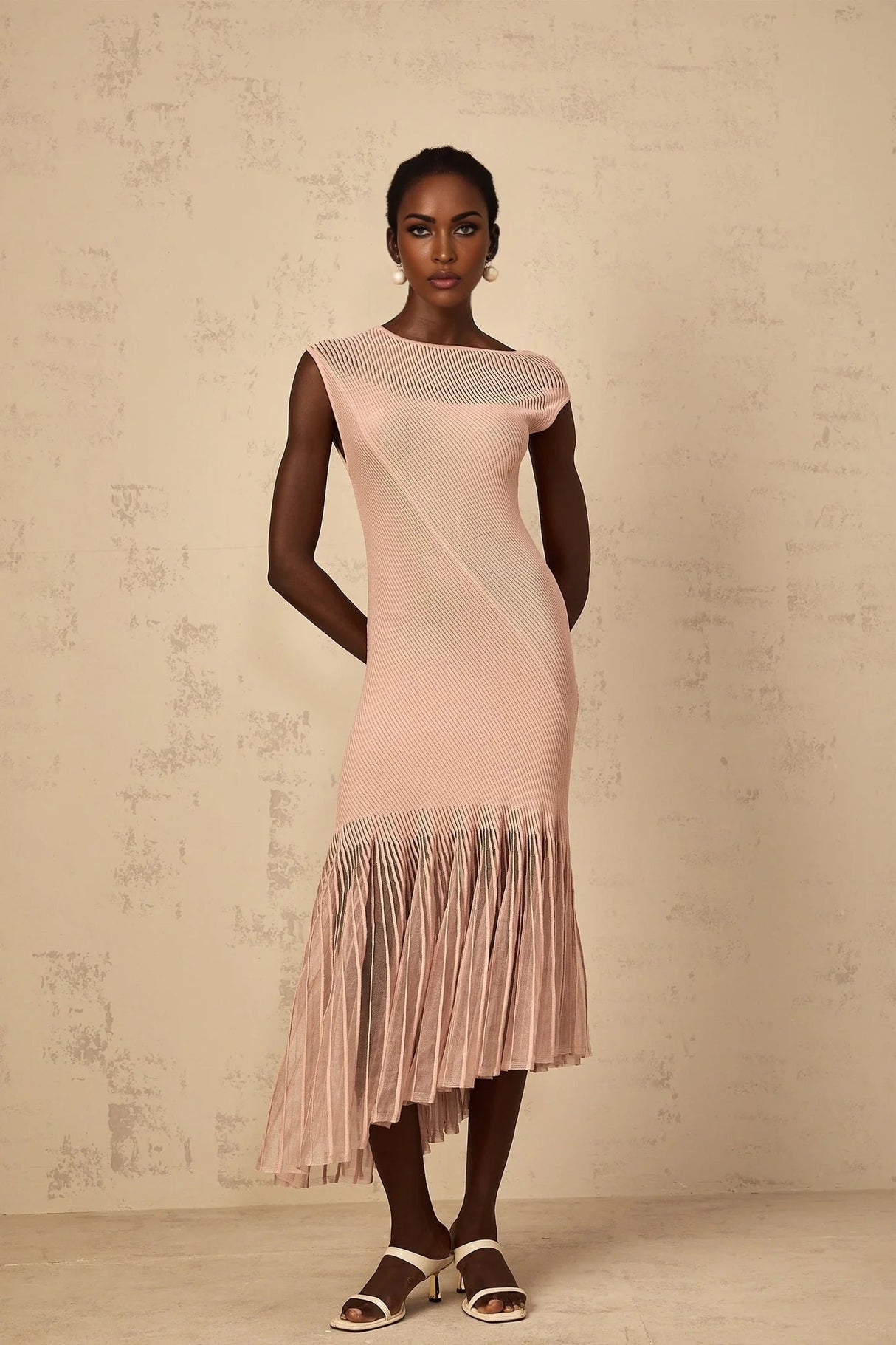 Laura Midi Dress Pink Ribbed Knit Tulle Panel Flattering & Asymmetrical
