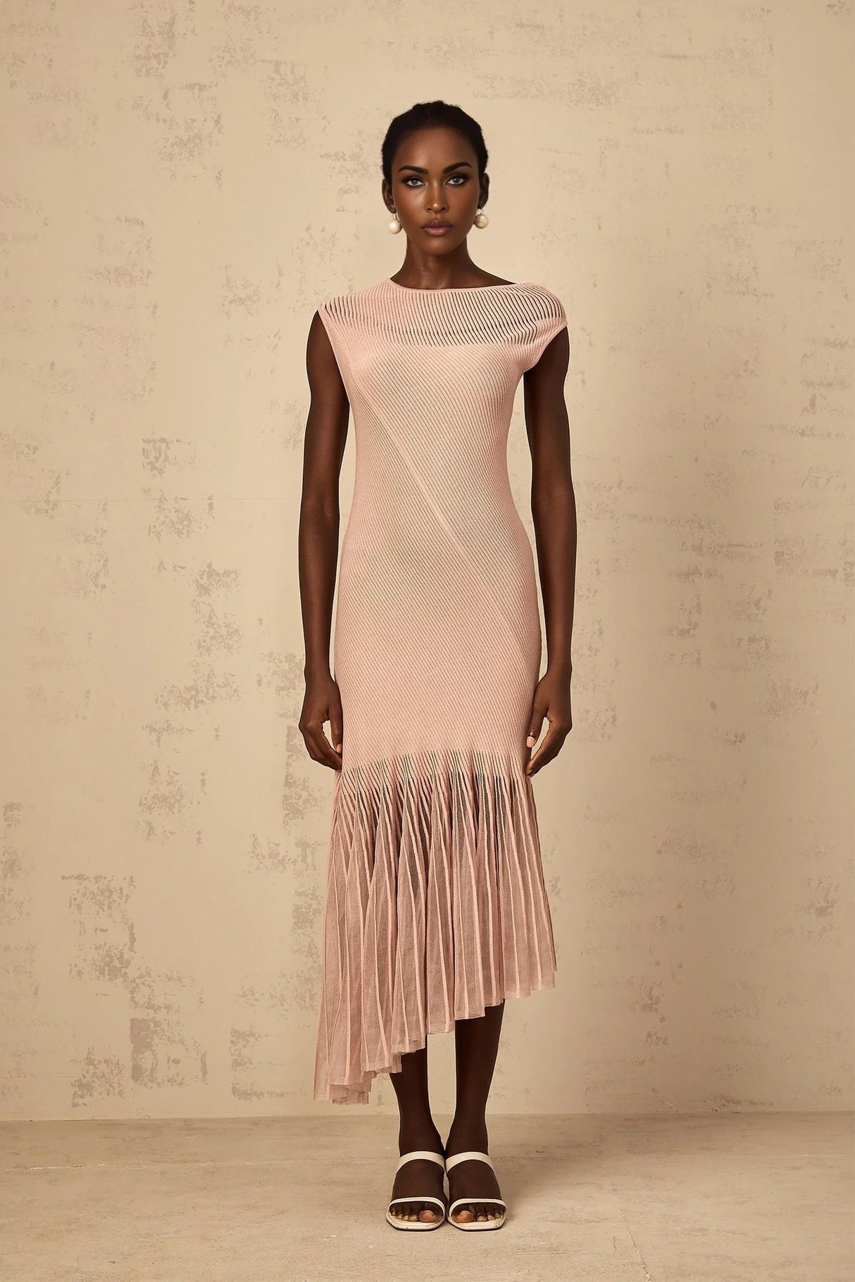 Laura Midi Dress Pink Ribbed Knit Tulle Panel Flattering & Asymmetrical