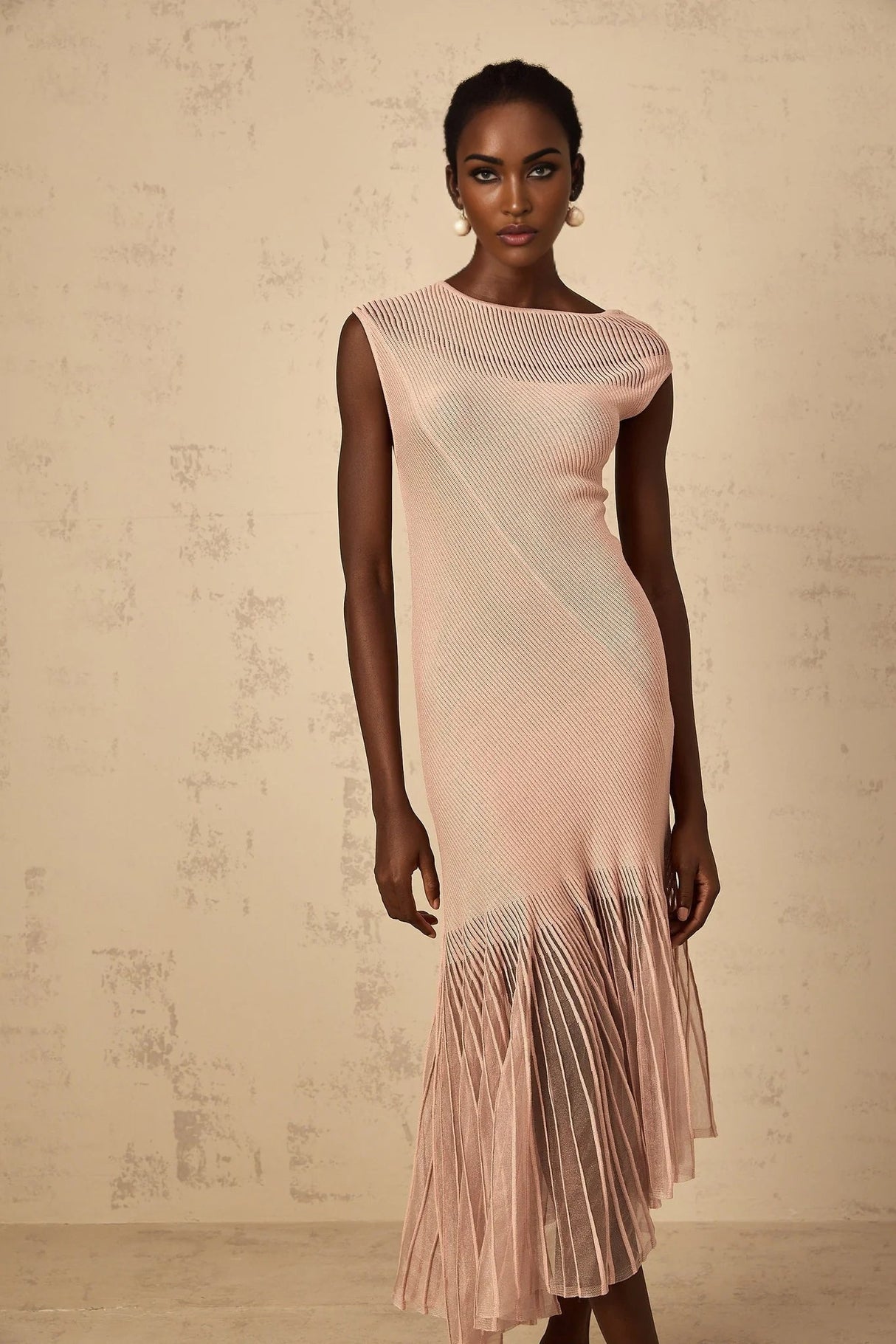 Laura Midi Dress Pink Ribbed Knit Tulle Panel Flattering & Asymmetrical