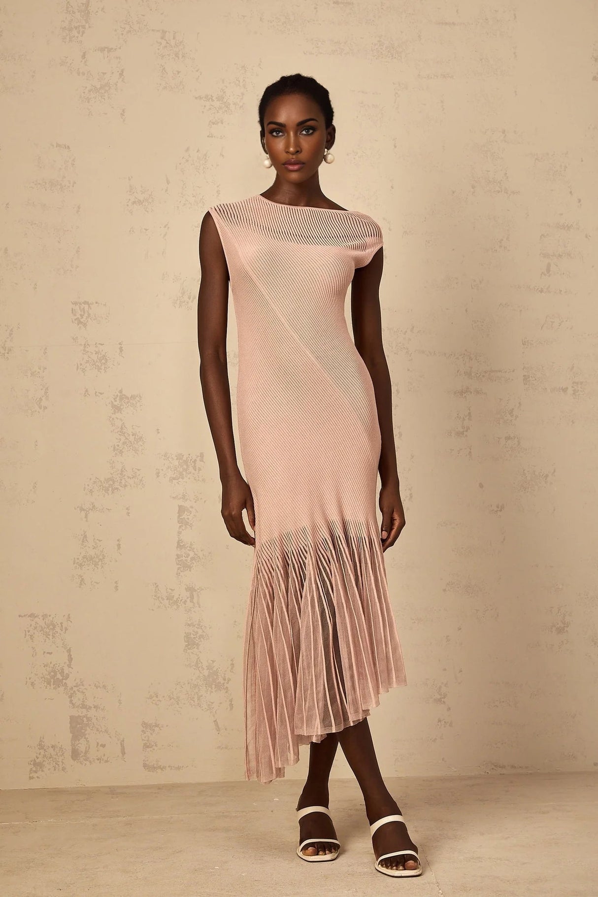 Laura Midi Dress Pink Ribbed Knit Tulle Panel Flattering & Asymmetrical