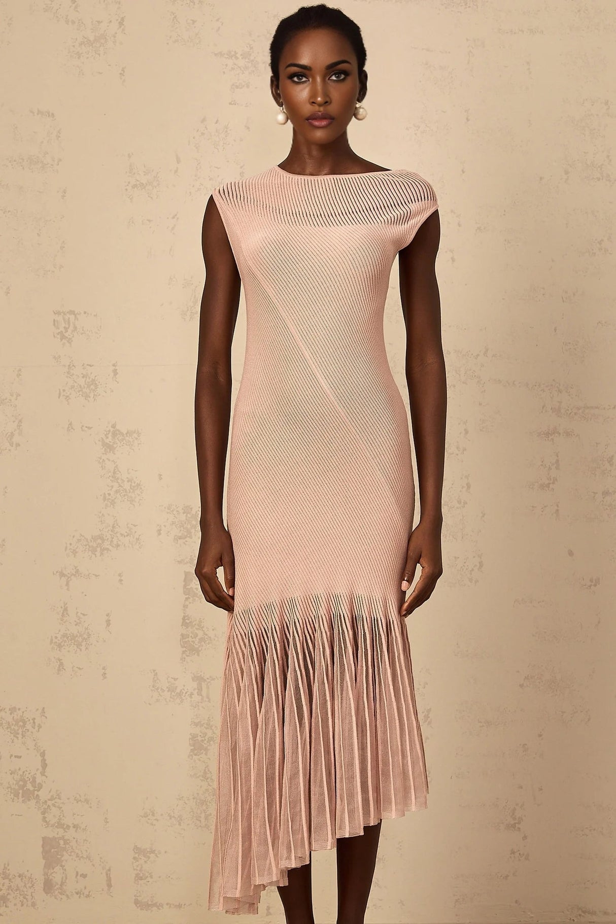 Laura Midi Dress Pink Ribbed Knit Tulle Panel Flattering & Asymmetrical