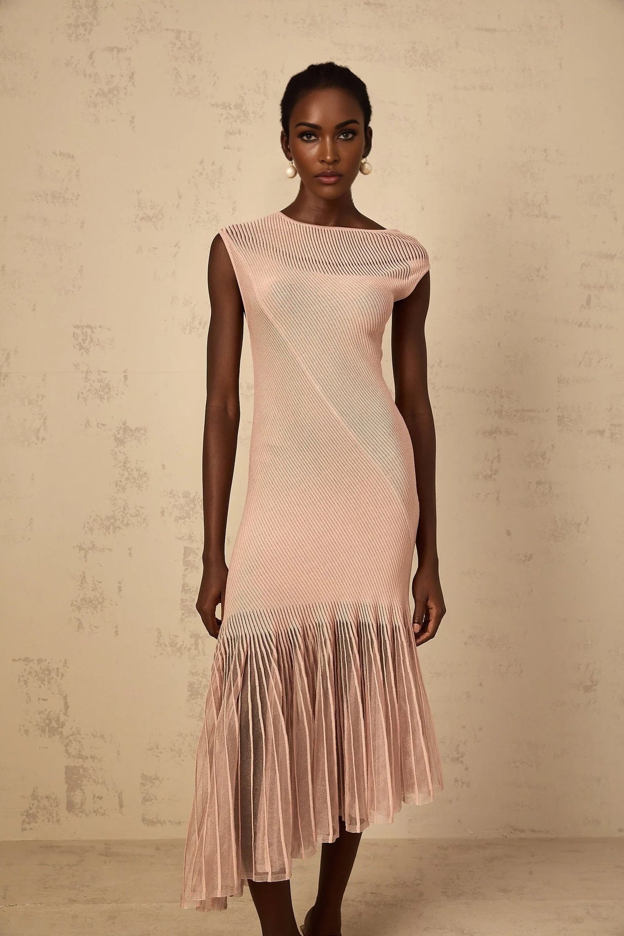 Laura Midi Dress Pink Ribbed Knit Tulle Panel Flattering & Asymmetrical
