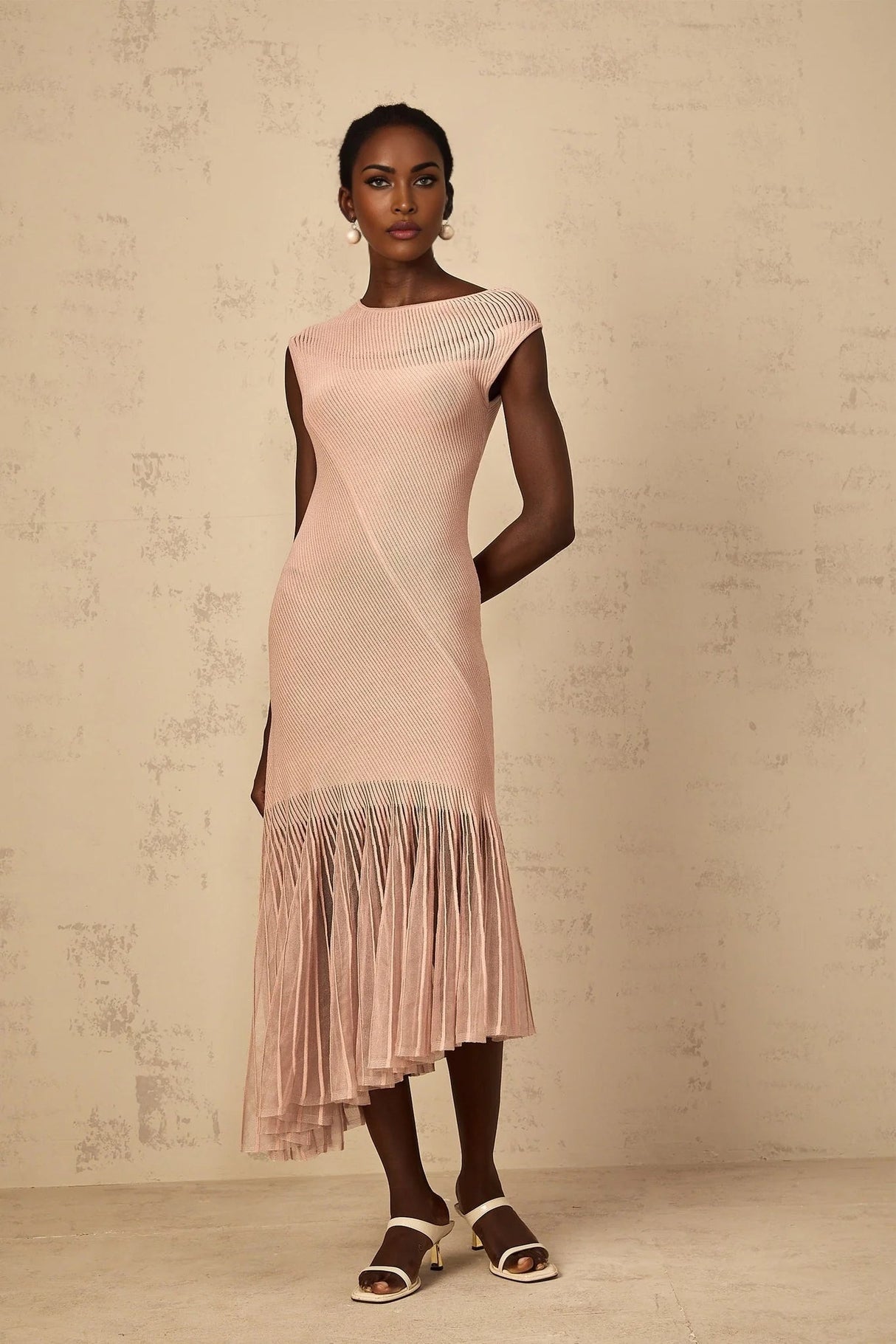 Laura Midi Dress Pink Ribbed Knit Tulle Panel Flattering & Asymmetrical