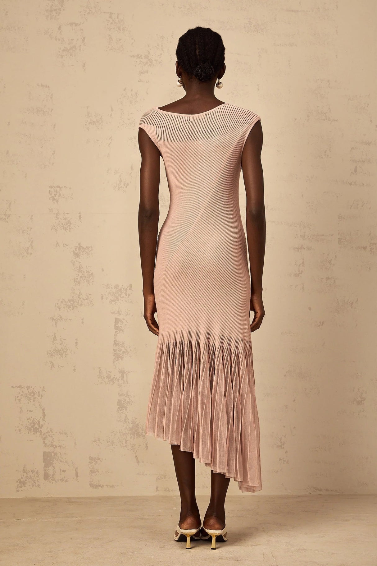 Laura Midi Dress Pink Ribbed Knit Tulle Panel Flattering & Asymmetrical