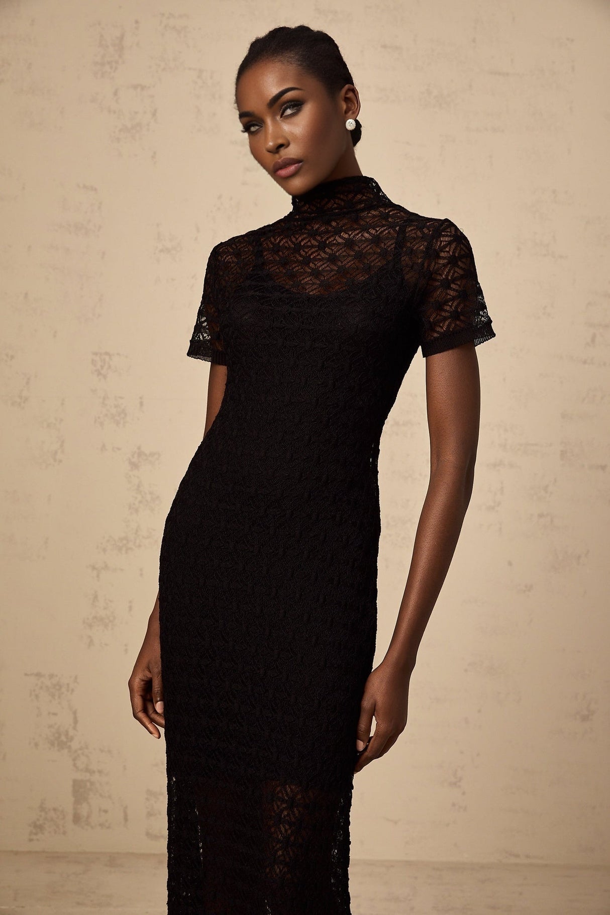 Laura Midi Dress - Semi - Sheer Crochet Knit - Mock Neck - Flared Skirt - Internal Slip - Ankle Length