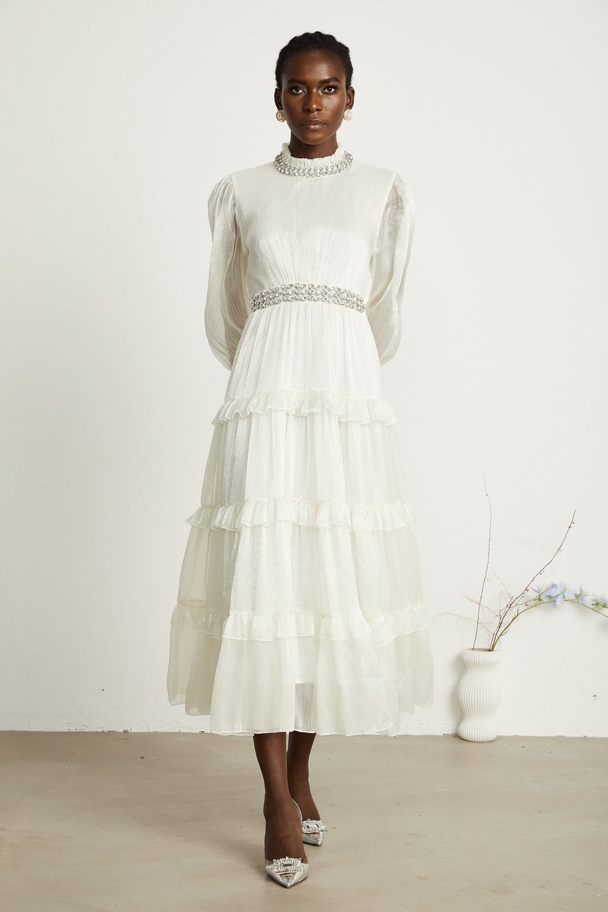 Laura Midi Dress White Crystal Sheer Sleeve Tiered Ruffled