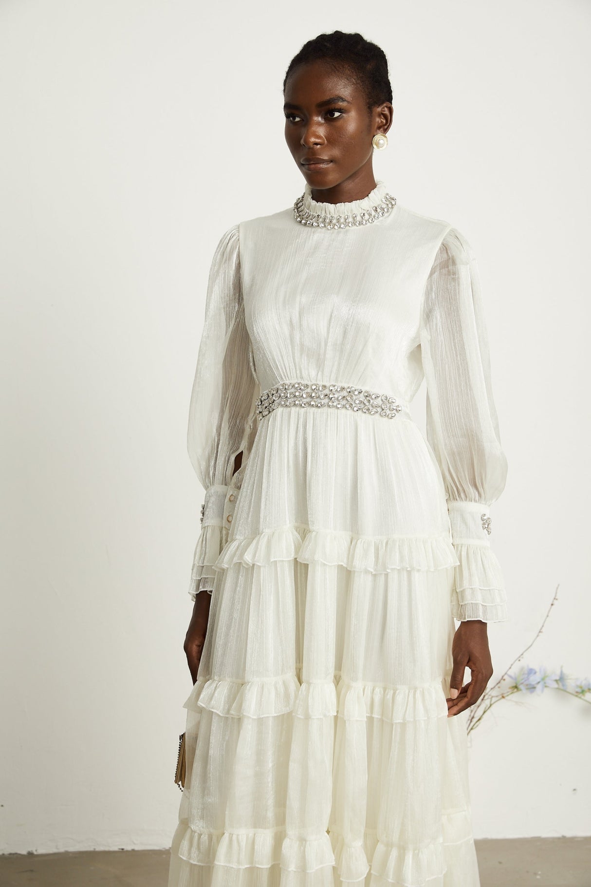 Laura Midi Dress White Crystal Sheer Sleeve Tiered Ruffled