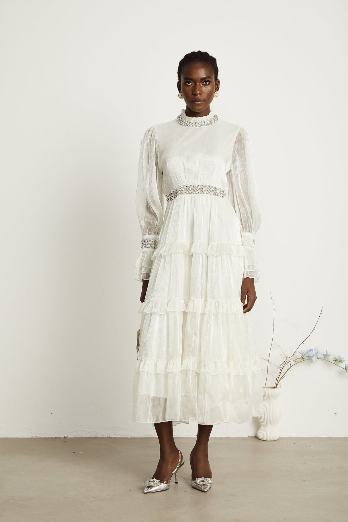 Laura Midi Dress White Crystal Sheer Sleeve Tiered Ruffled
