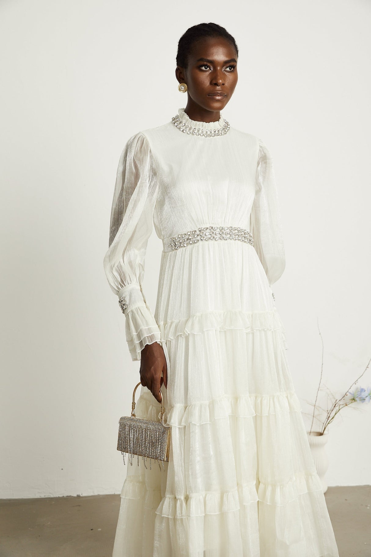 Laura Midi Dress White Crystal Sheer Sleeve Tiered Ruffled