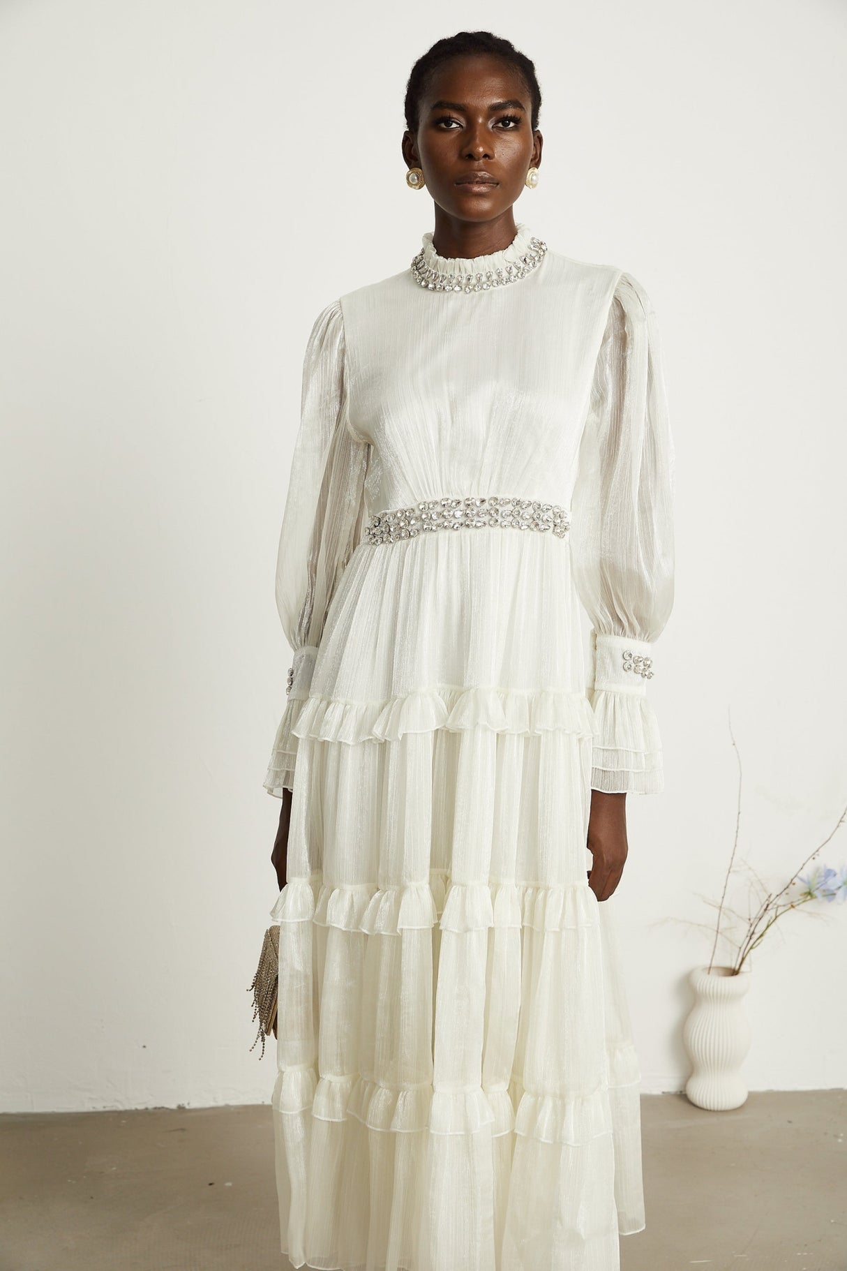 Laura Midi Dress White Crystal Sheer Sleeve Tiered Ruffled