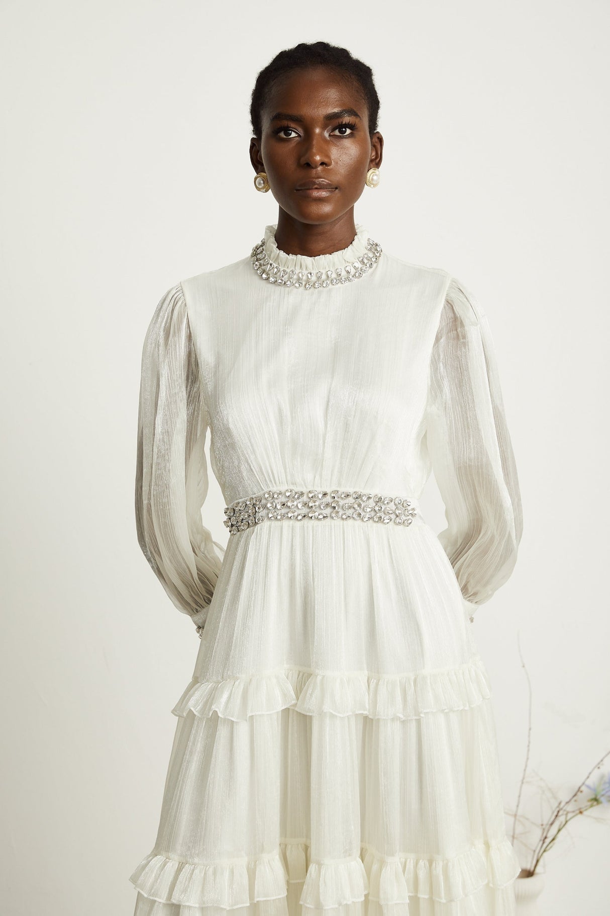 Laura Midi Dress White Crystal Sheer Sleeve Tiered Ruffled