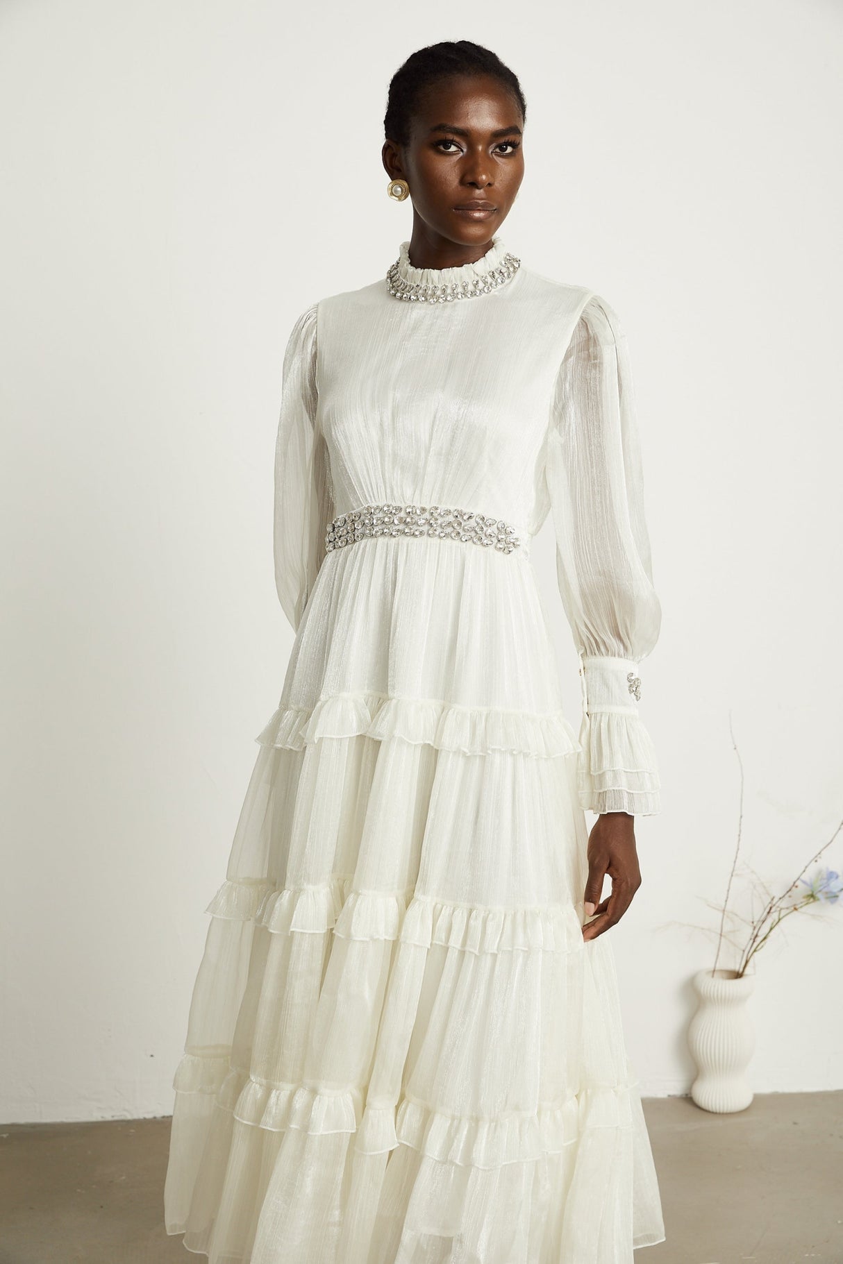 Laura Midi Dress White Crystal Sheer Sleeve Tiered Ruffled