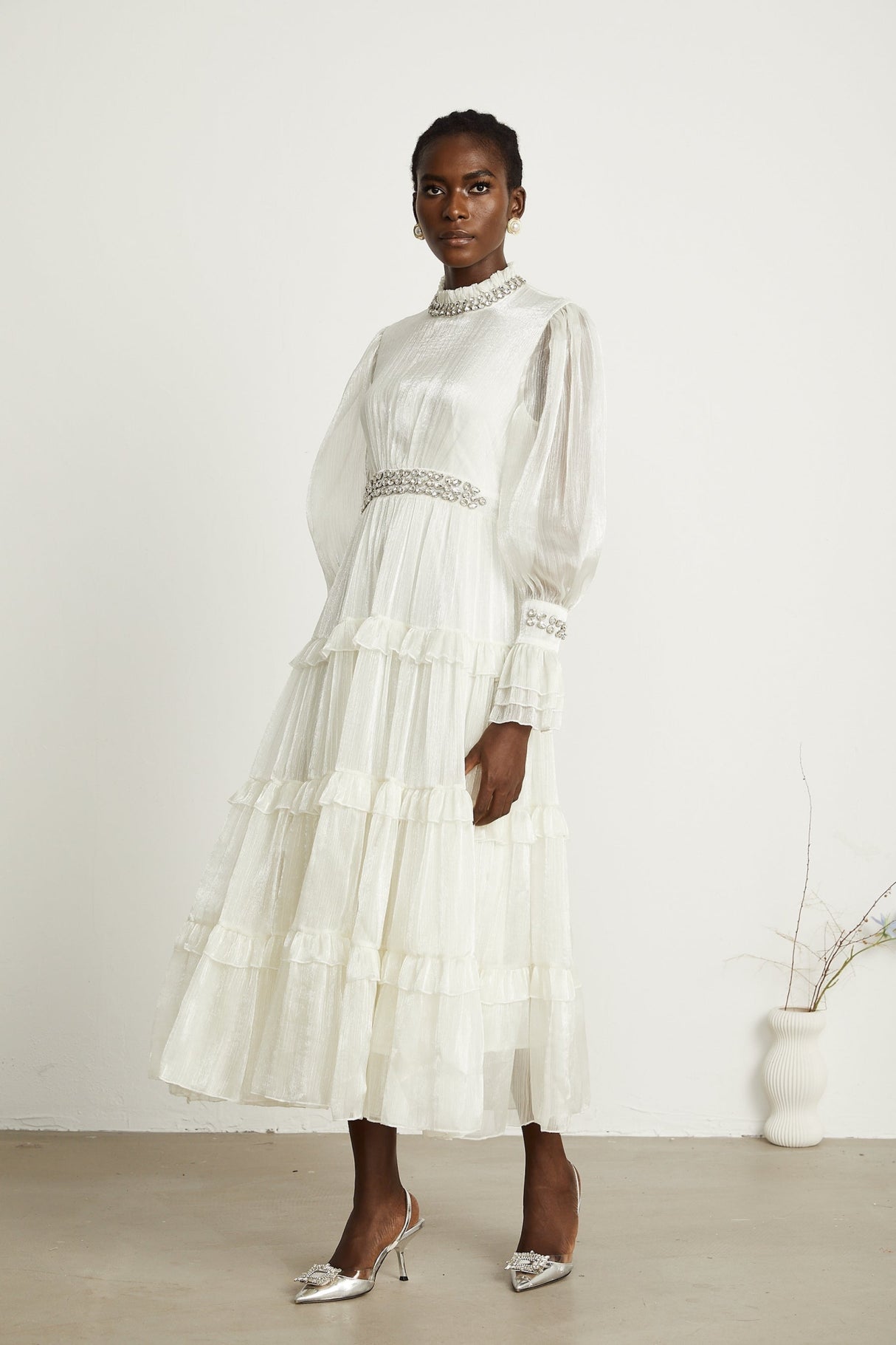 Laura Midi Dress White Crystal Sheer Sleeve Tiered Ruffled