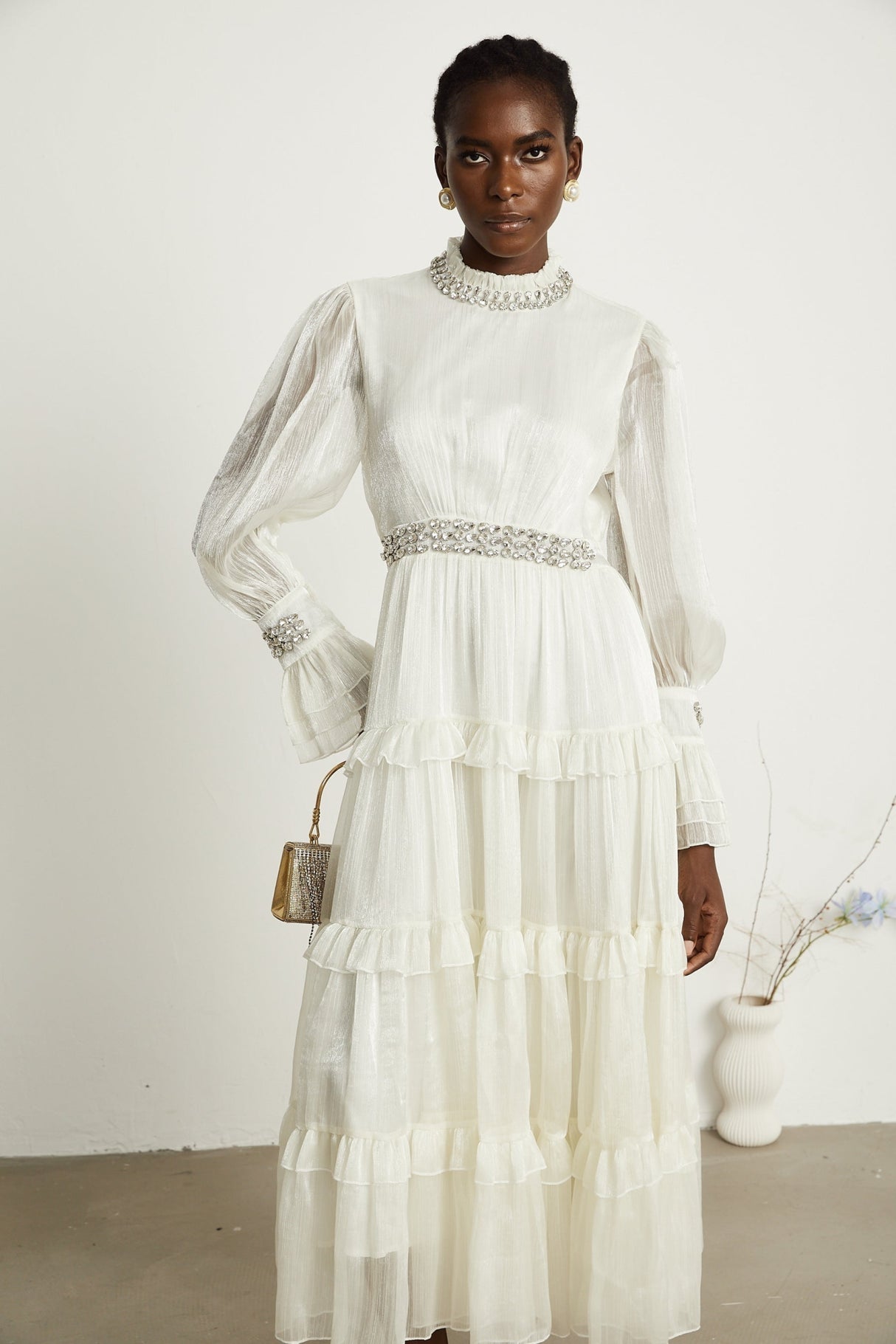 Laura Midi Dress White Crystal Sheer Sleeve Tiered Ruffled