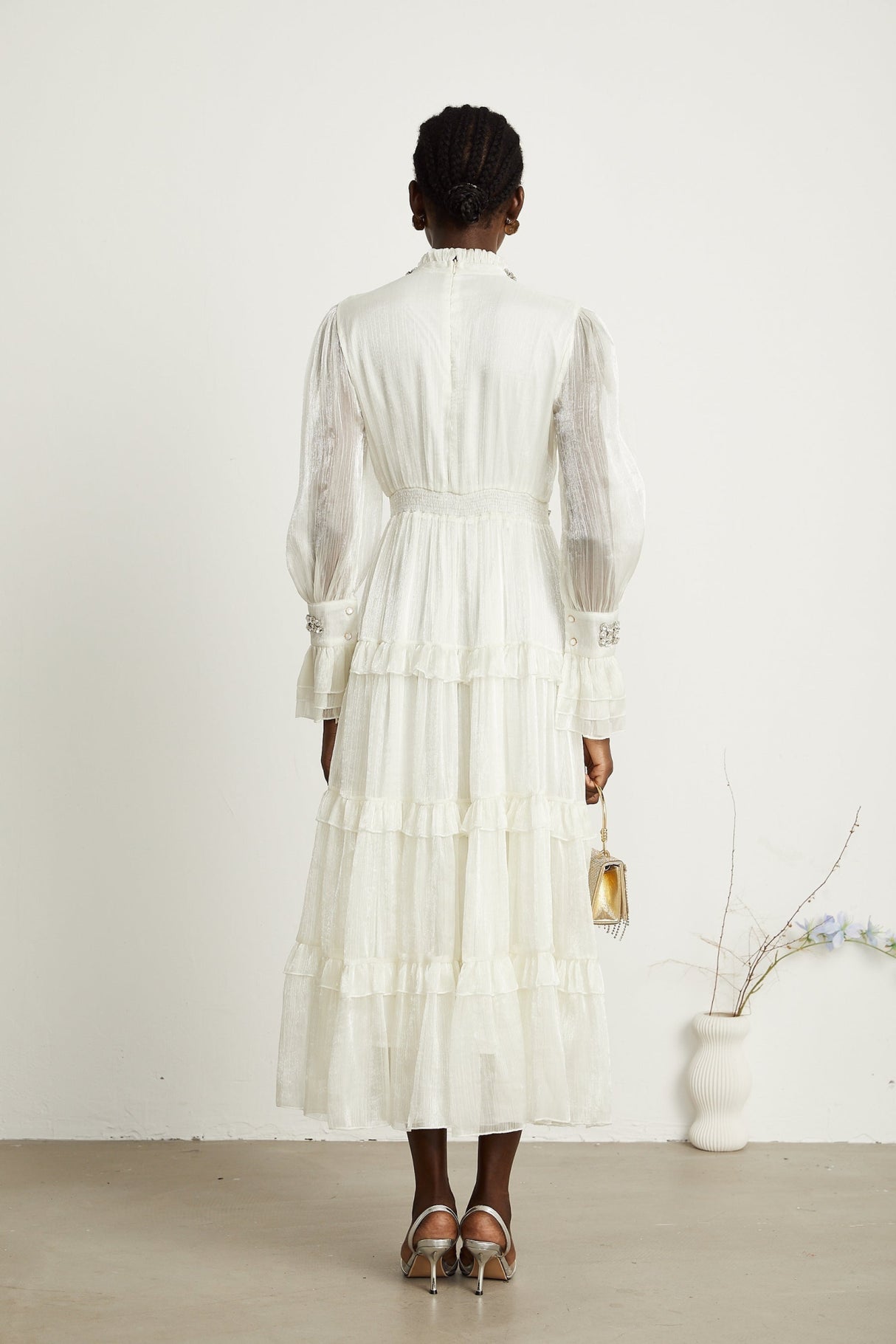 Laura Midi Dress White Crystal Sheer Sleeve Tiered Ruffled