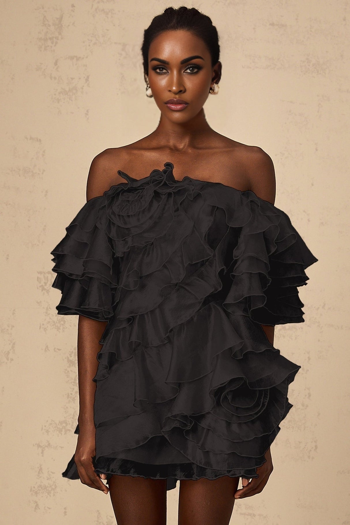 Laura Mini Dress Laura Asymmetric Ruffle Black Floral Applique